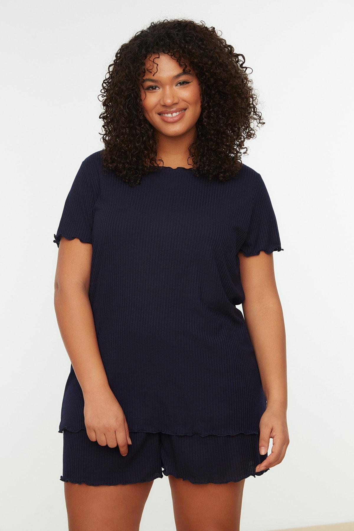 Trendyol - Navy Plain Plus Size Pajama Set