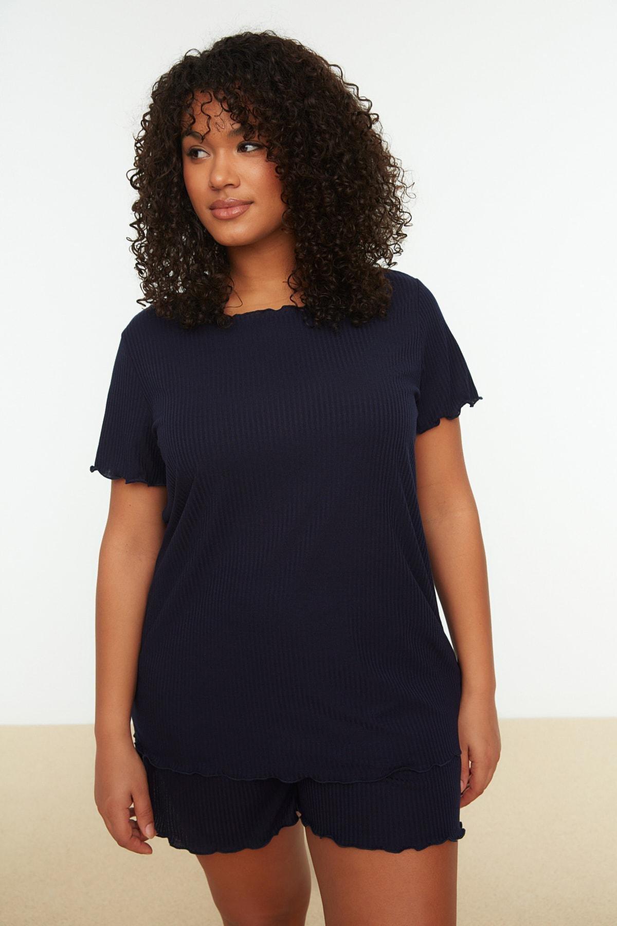 Trendyol - Navy Plain Plus Size Pajama Set