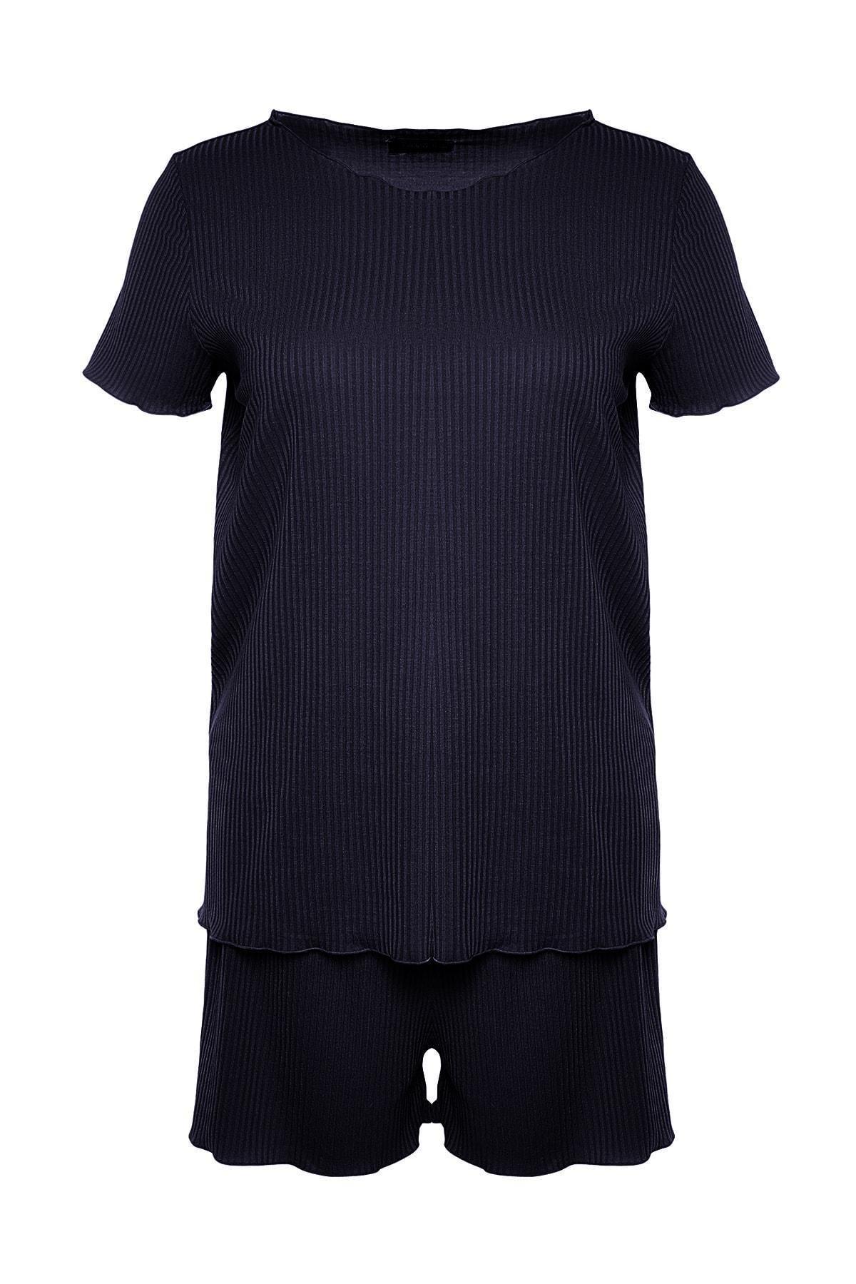 Trendyol - Navy Plain Plus Size Pajama Set