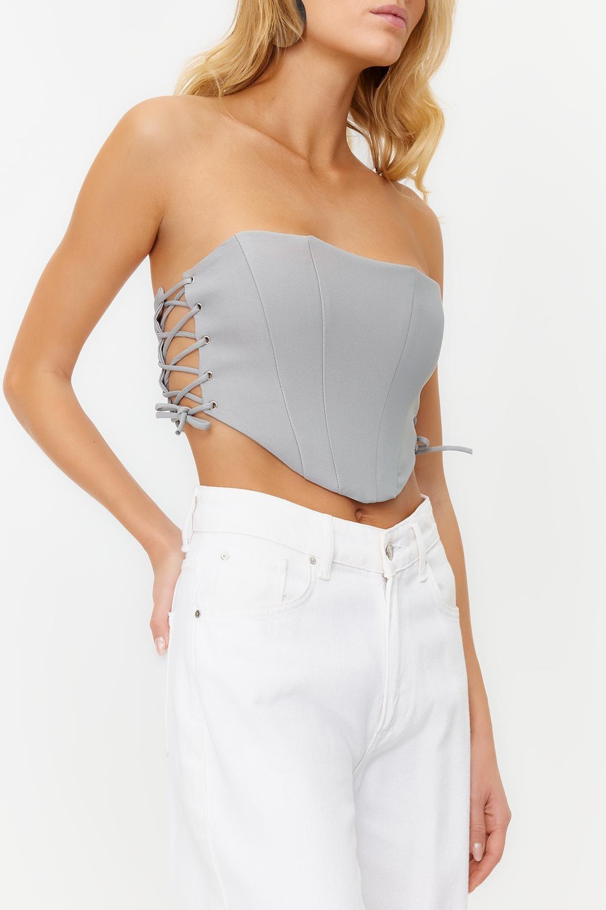 Trendyol - Grey Crop Lined Woven Tie Bustier