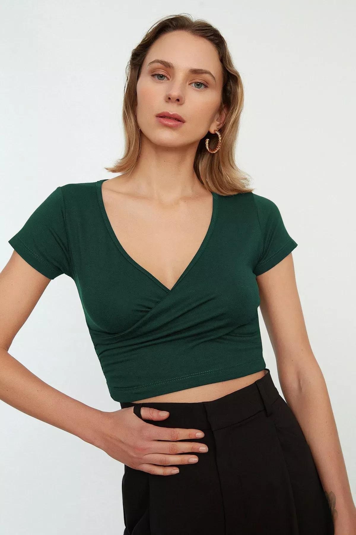 Green Double Breasted Crop Knit Blouse, , large image number 1