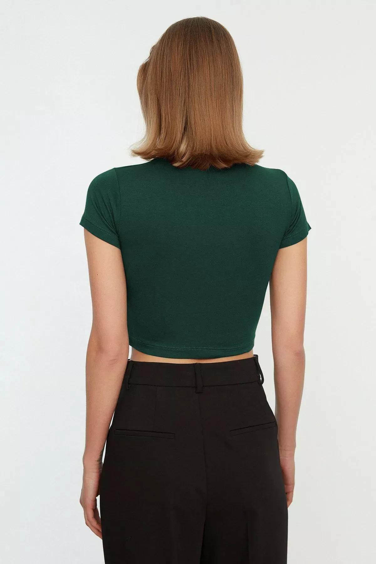 Green Double Breasted Crop Knit Blouse, , large image number 4