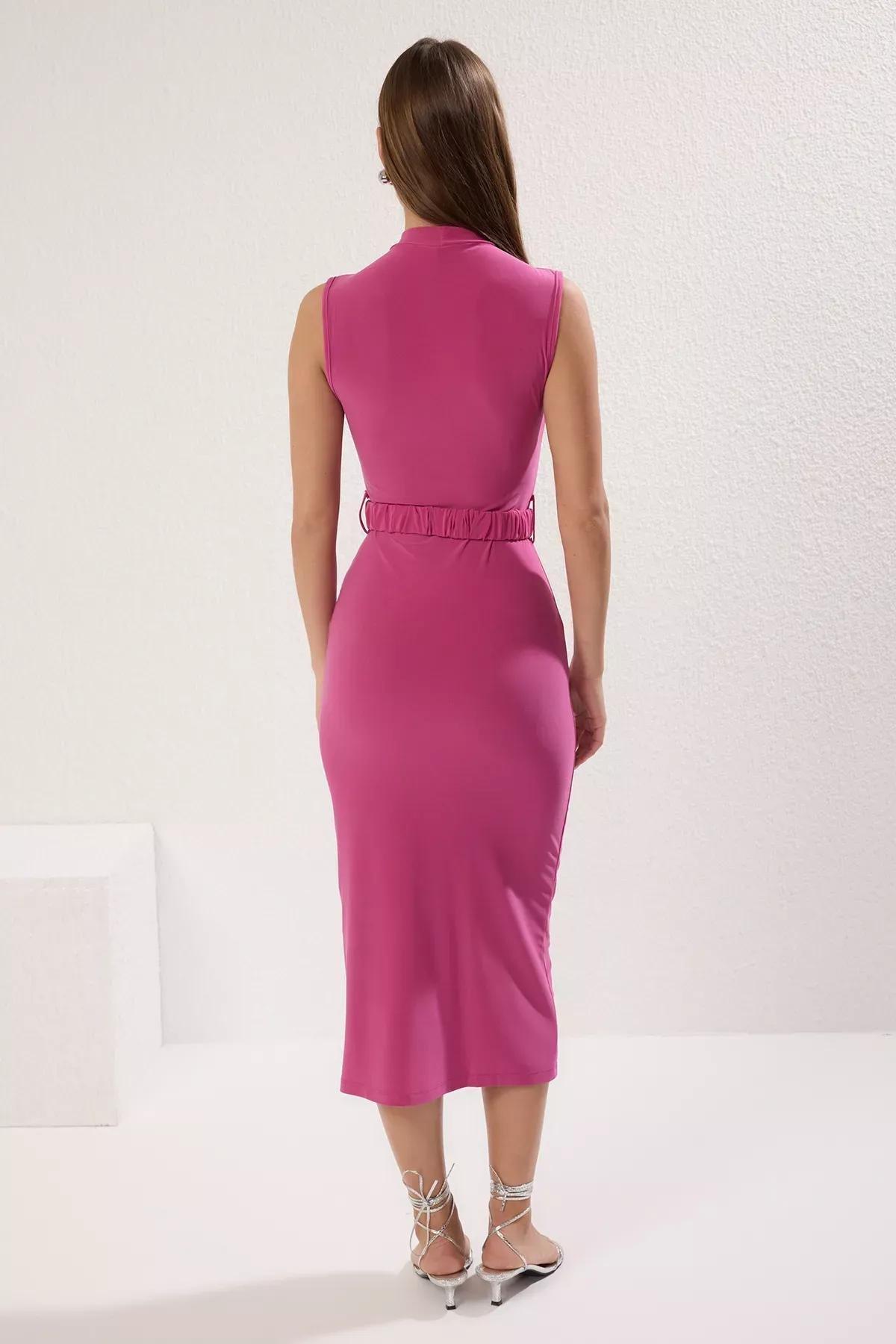 Pink Sleeveless Belted Midi Pencil Dress, , large image number 3