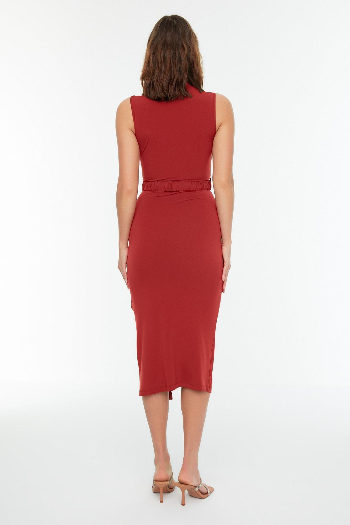 Red Standing Collar Bodycon Dress, , large image number 4