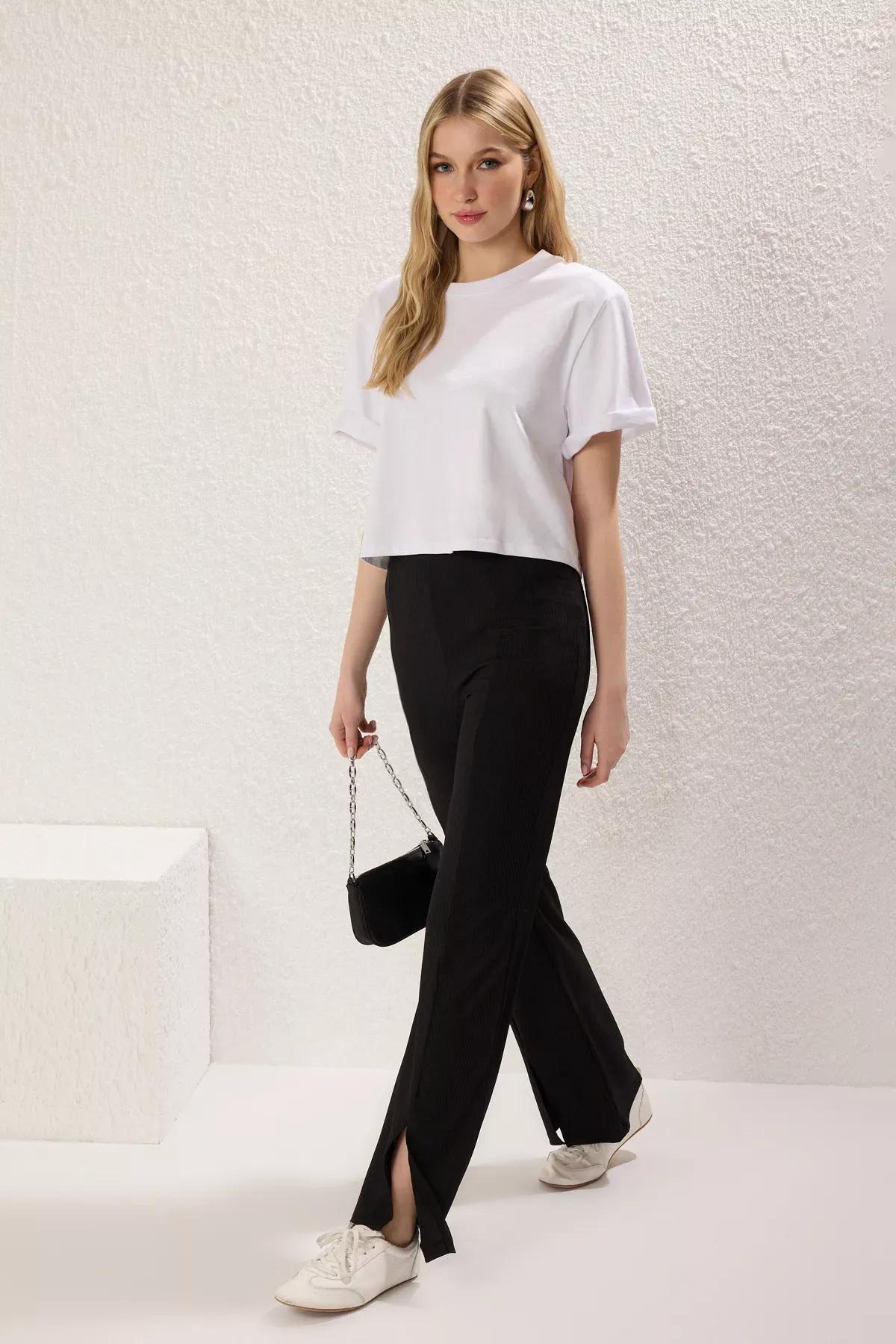 Black Slit High-Waist Straight Knit Trousers, , large image number 0