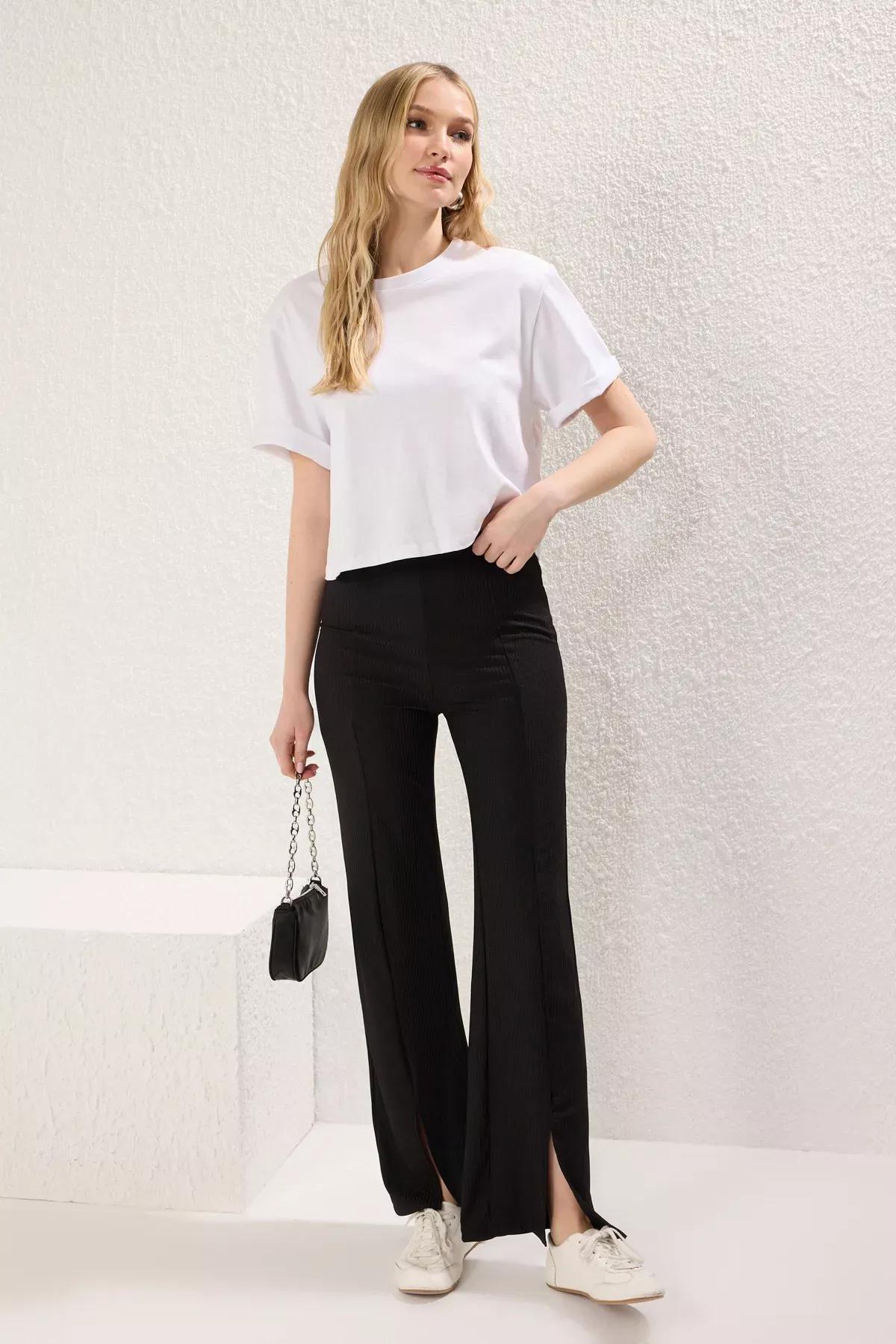 Black Slit High-Waist Straight Knit Trousers, , large image number 1