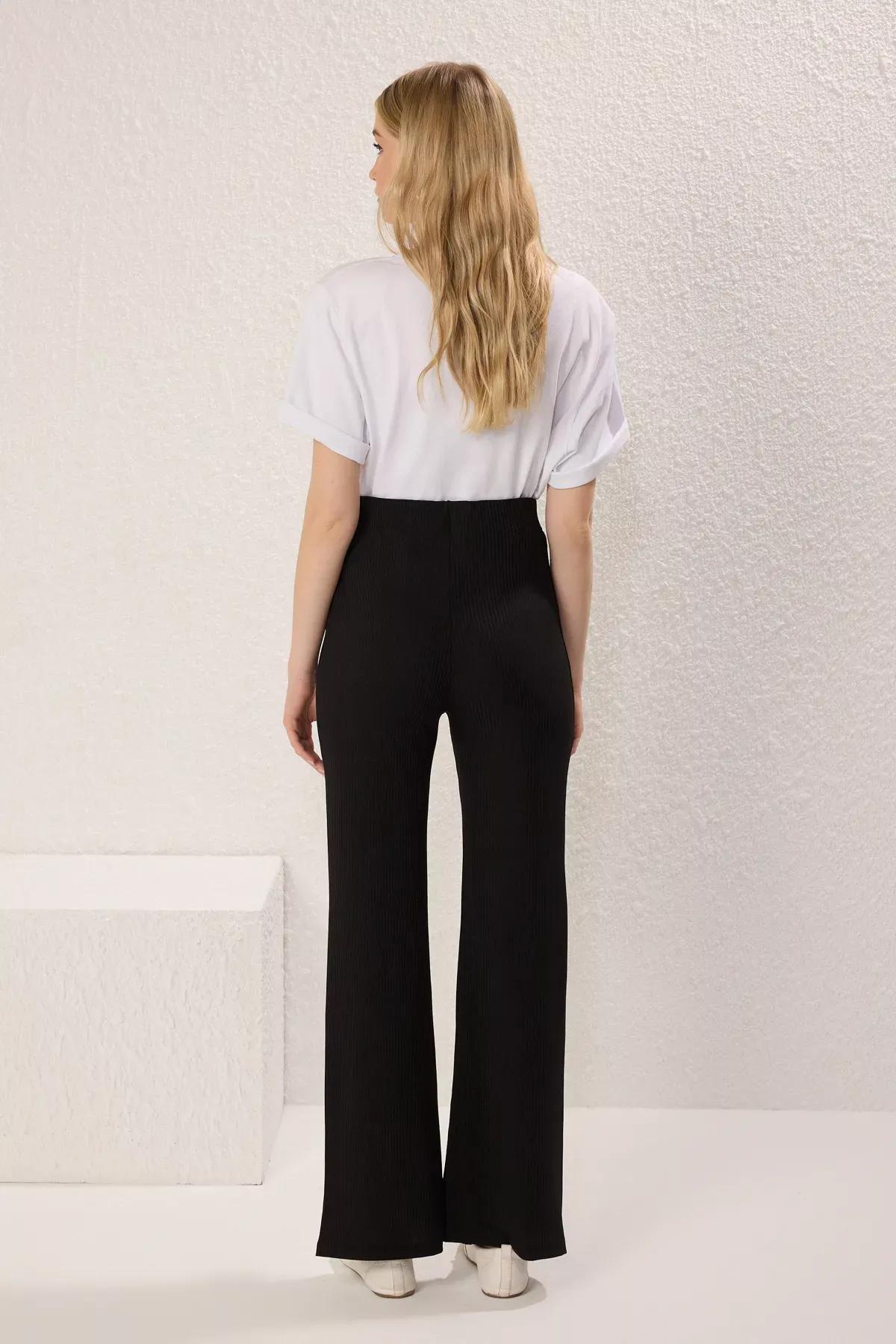 Black Slit High-Waist Straight Knit Trousers, , large image number 3