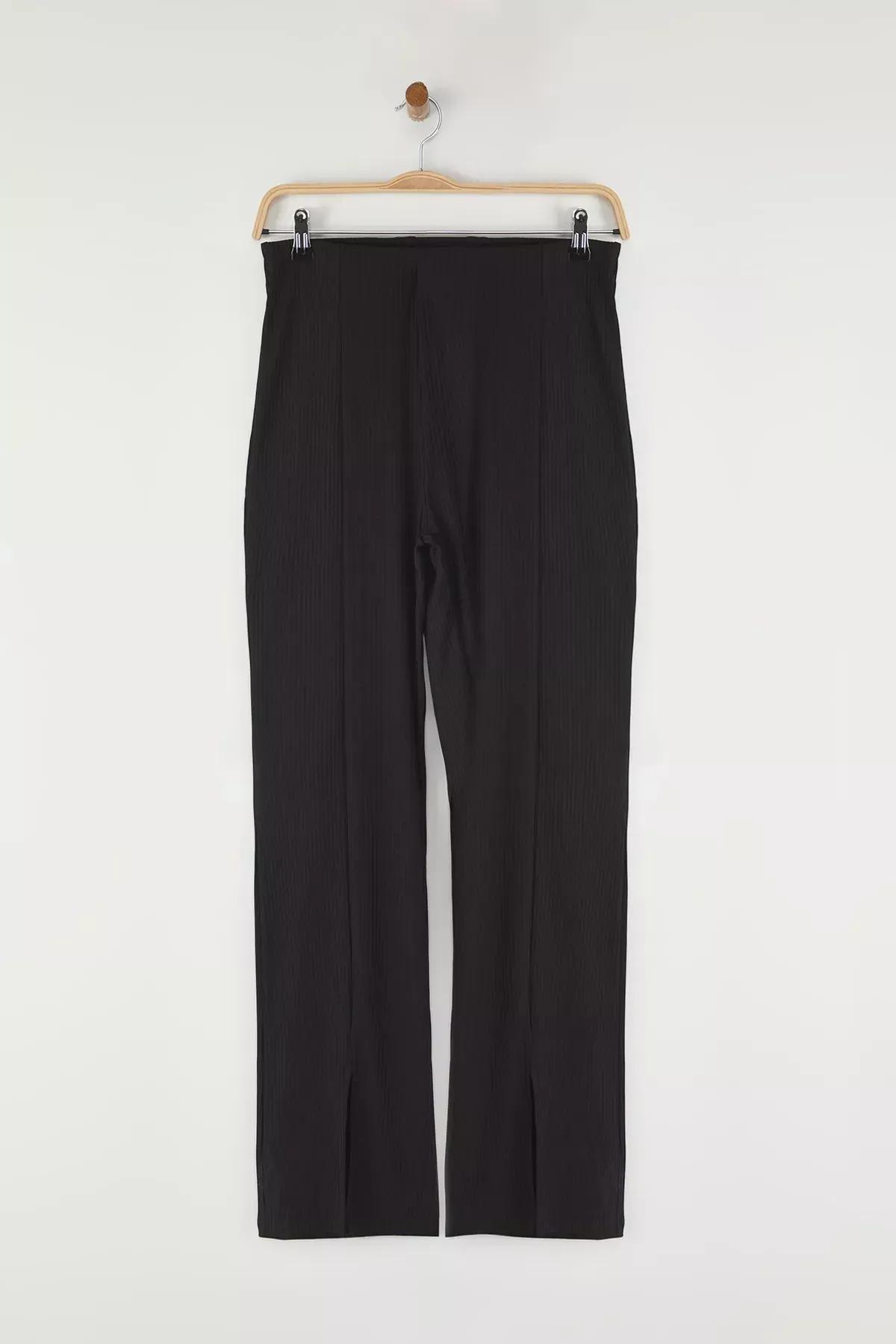 Black Slit High-Waist Straight Knit Trousers, , large image number 4