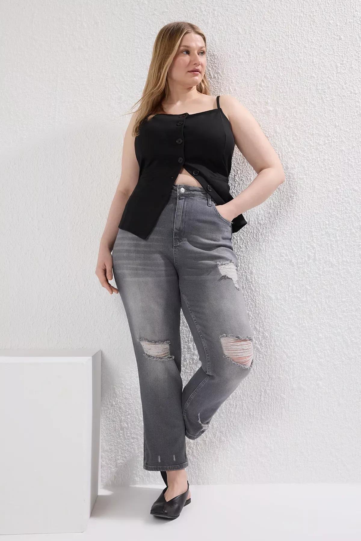 Grey High Waist Ripped Stretchy Skinny Jeans, , large image number 0