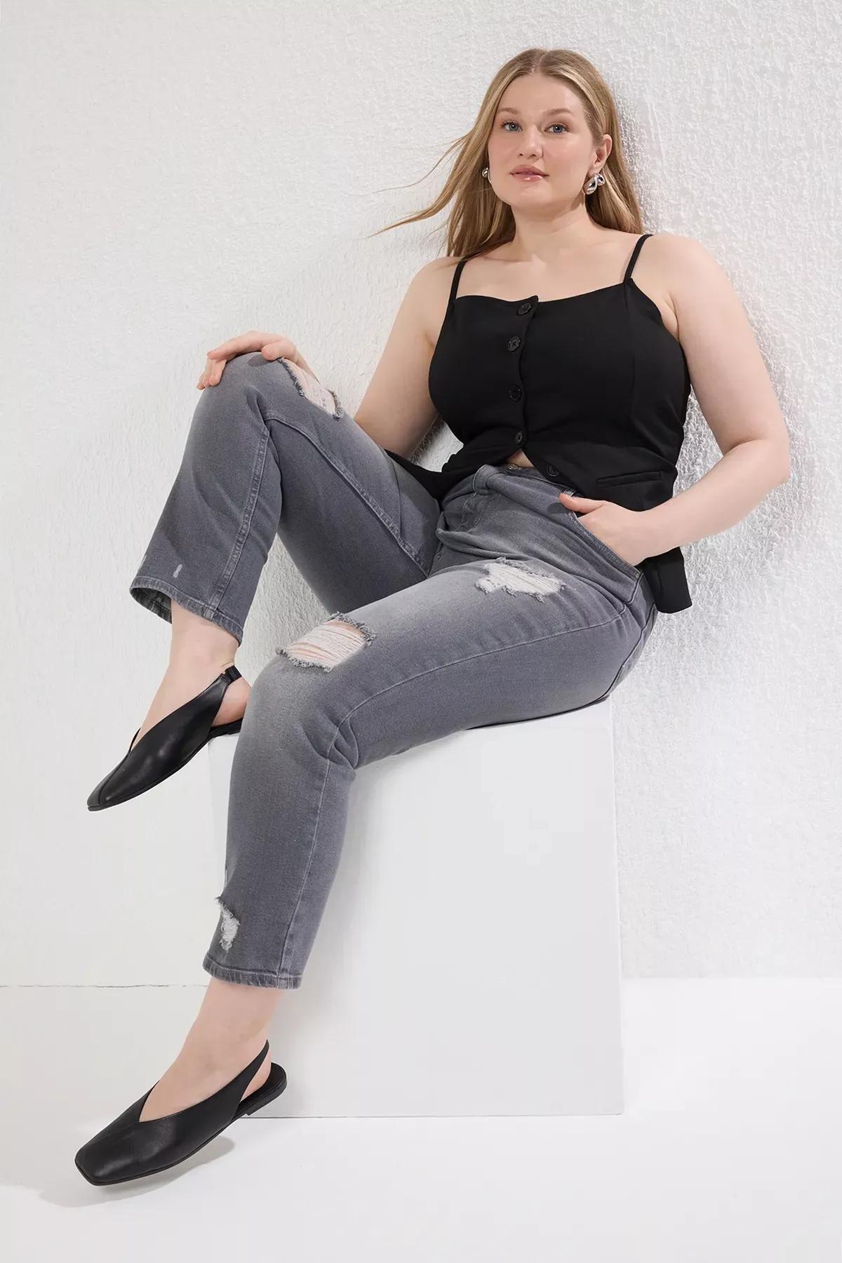 Grey High Waist Ripped Stretchy Skinny Jeans, , large image number 1