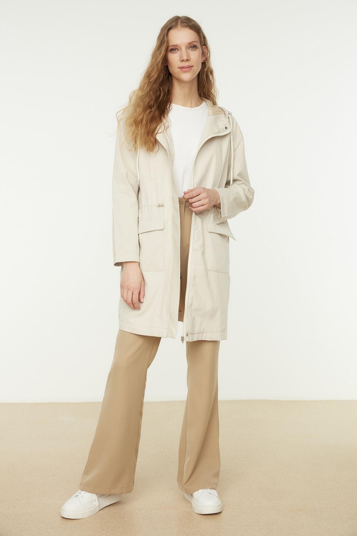 Beige Parkas Hooded Trench Coat, , large image number 0