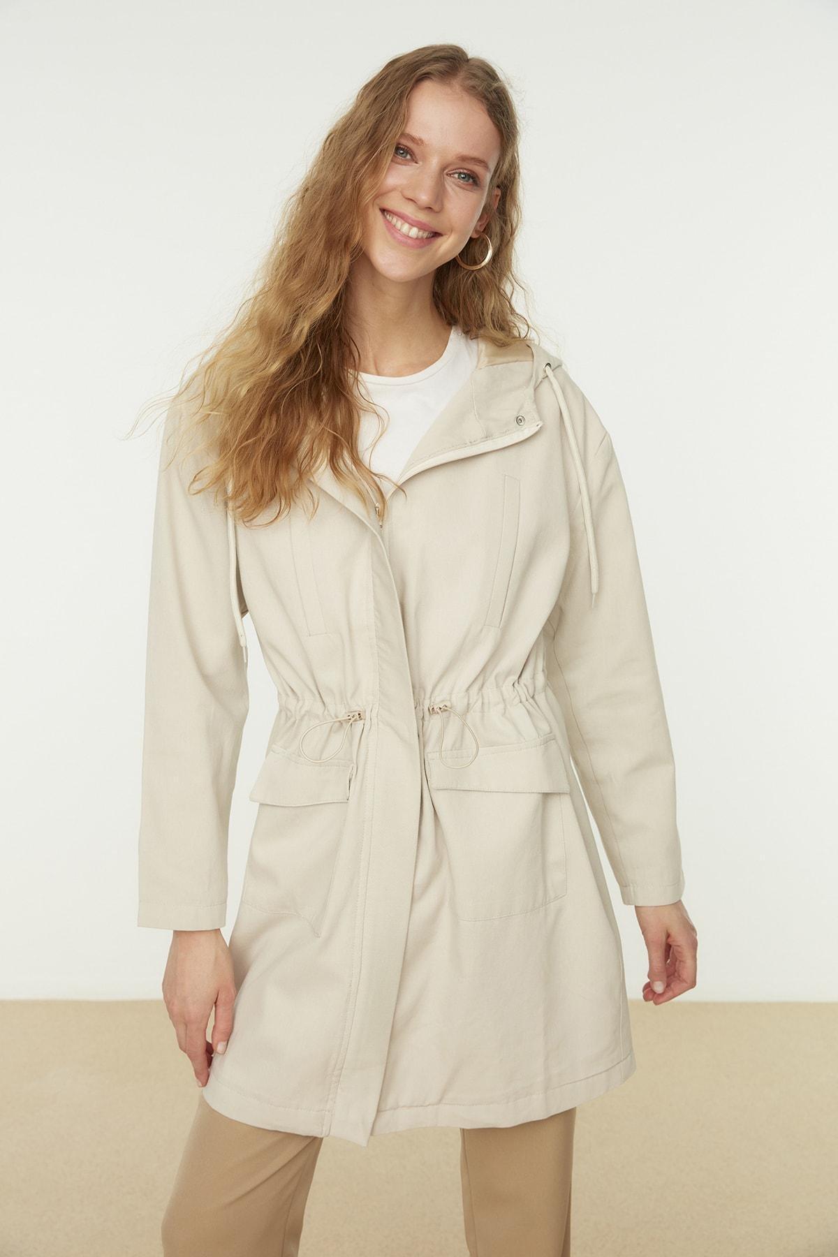 Beige Parkas Hooded Trench Coat, , large image number 1