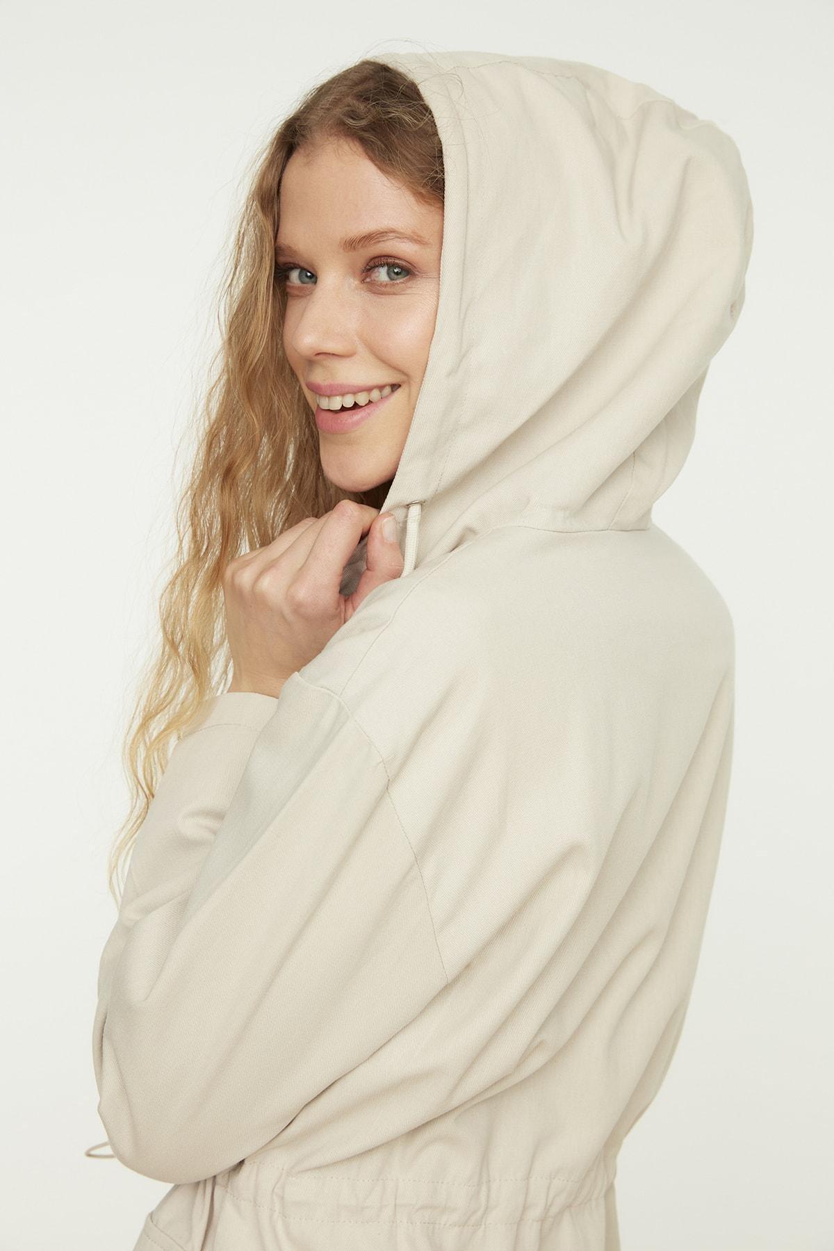 Beige Parkas Hooded Trench Coat, , large image number 4