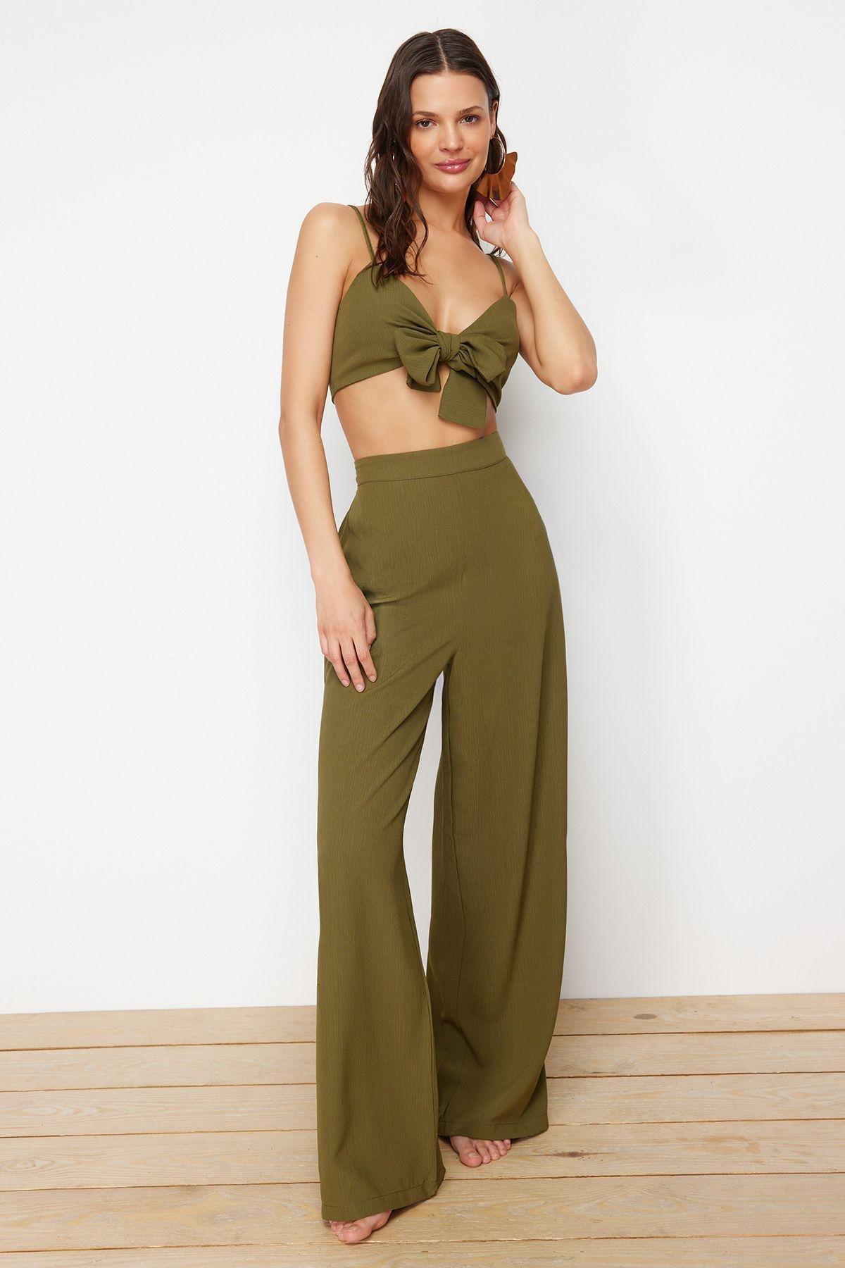 Khaki Woven Tied Blouse Trousers Beach Set TBESS22AU0108, , large image number 0
