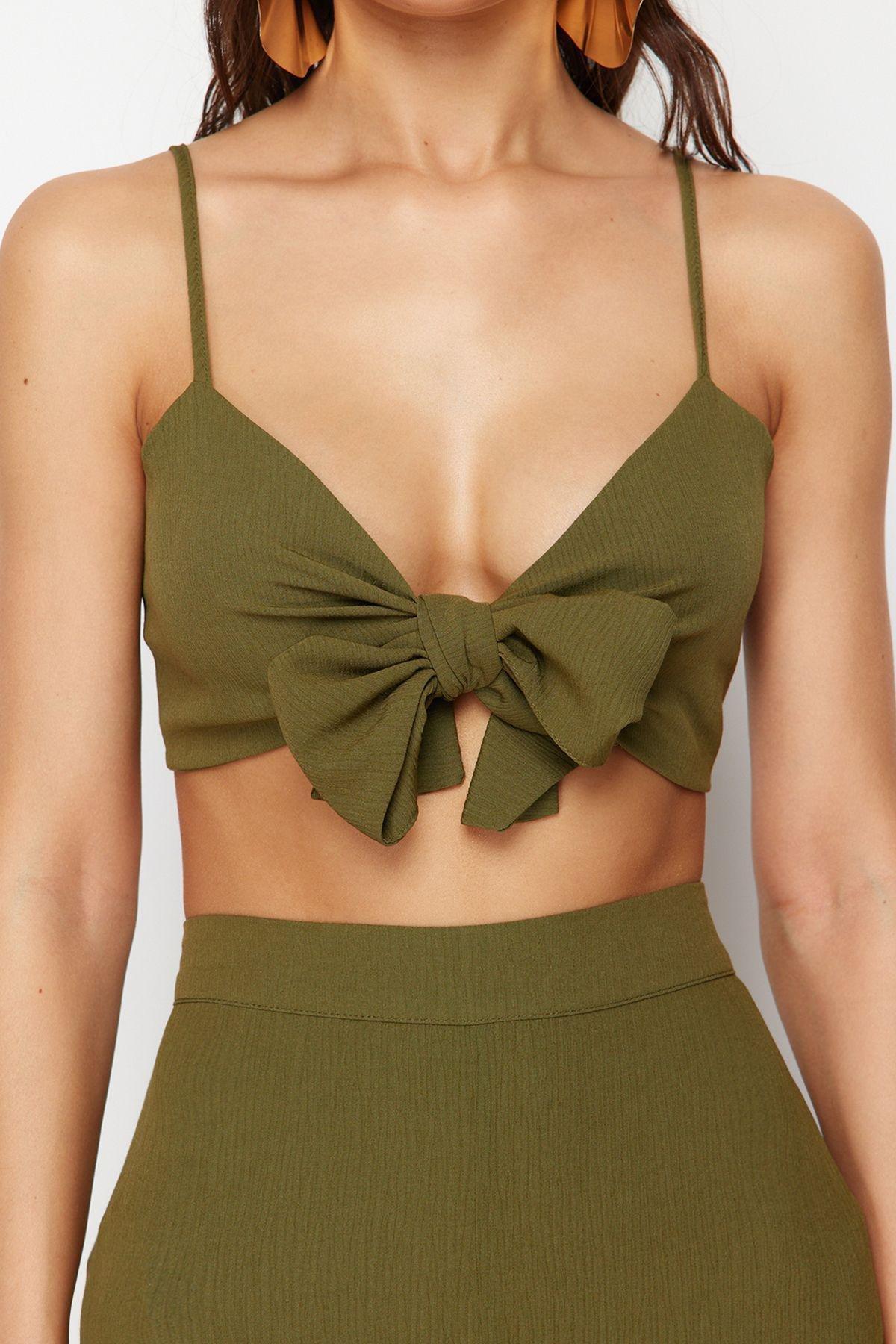 Khaki Woven Tied Blouse Trousers Beach Set TBESS22AU0108, , large image number 3