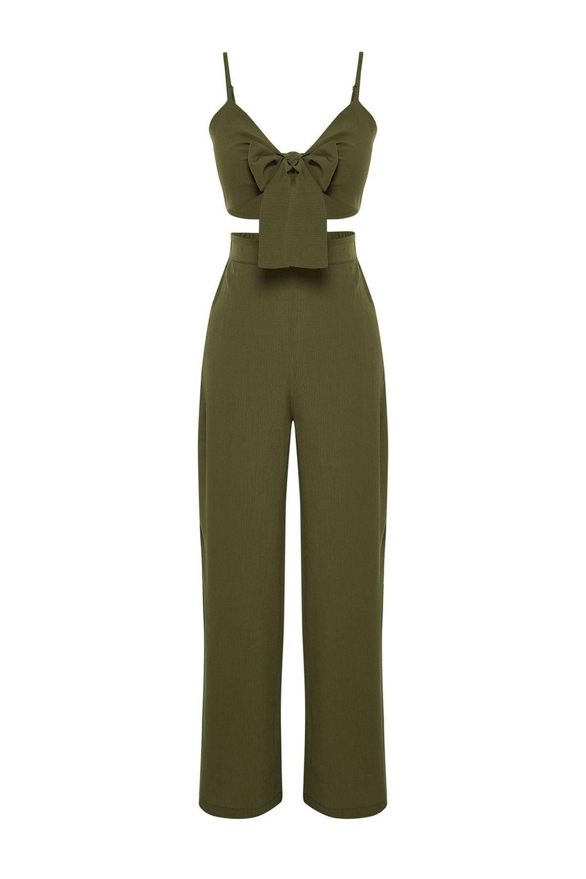Khaki Woven Tied Blouse Trousers Beach Set TBESS22AU0108, , large image number 5