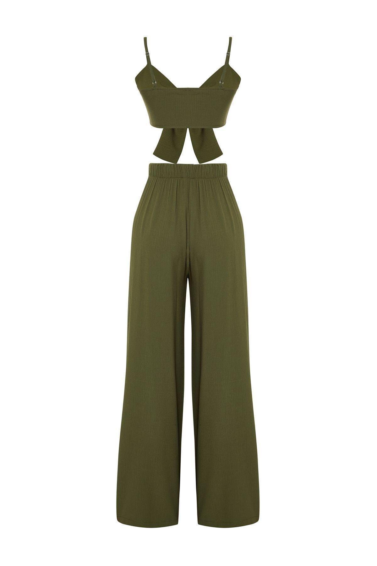 Khaki Woven Tied Blouse Trousers Beach Set TBESS22AU0108, , large image number 6