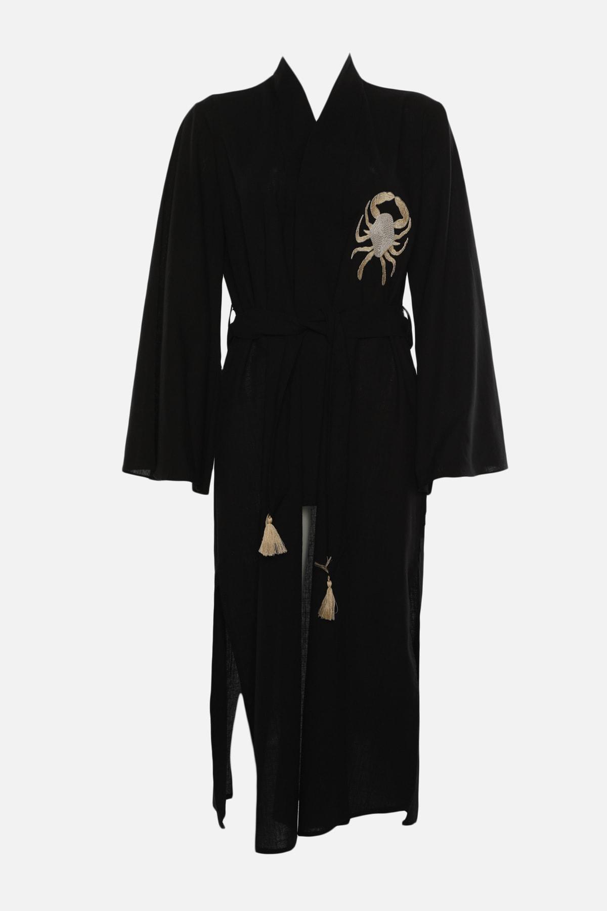 Trendyol - Black V-Neck Cotton Kimono