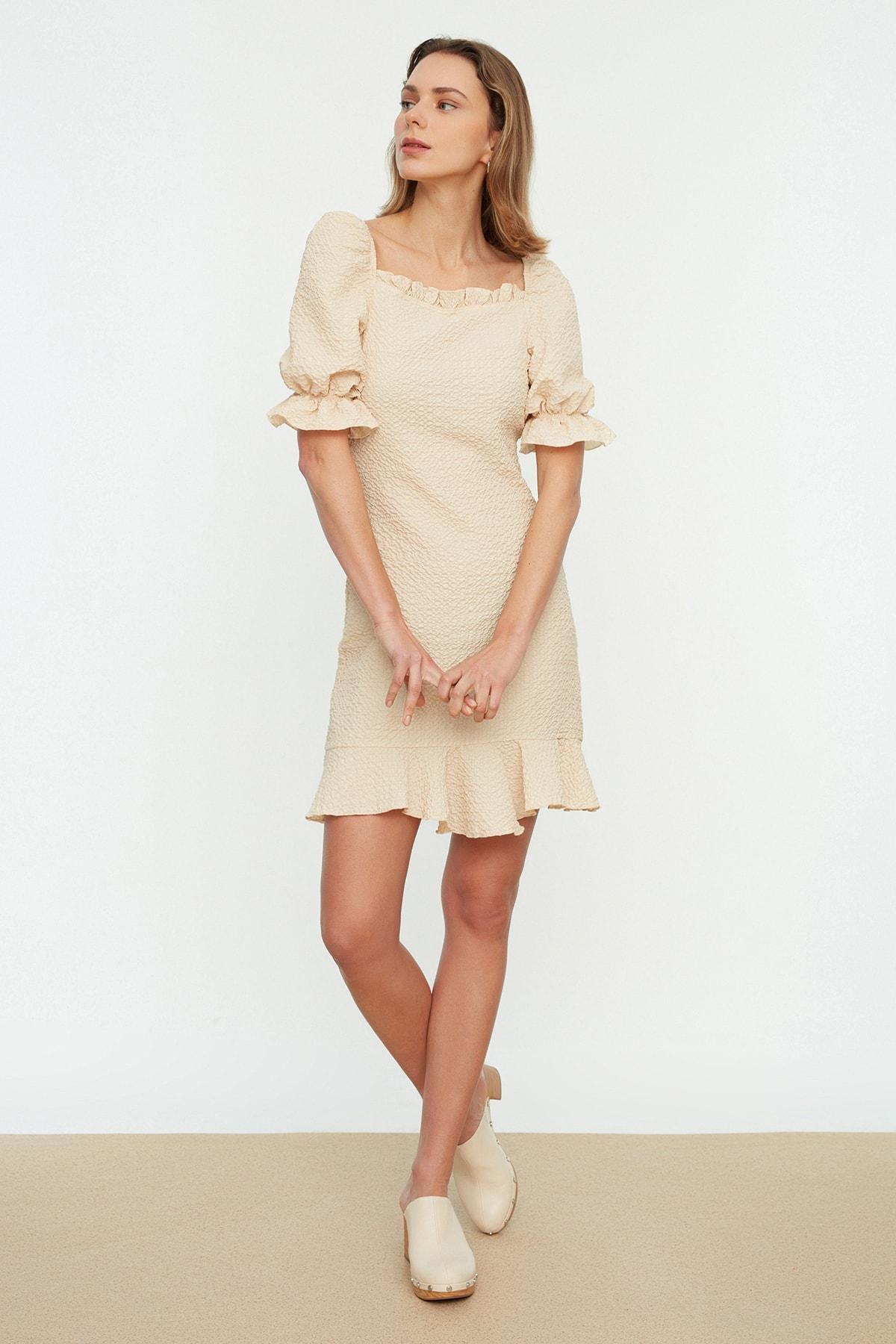 Beige Balloon Sleeve Bodycon Dress, , large image number 0