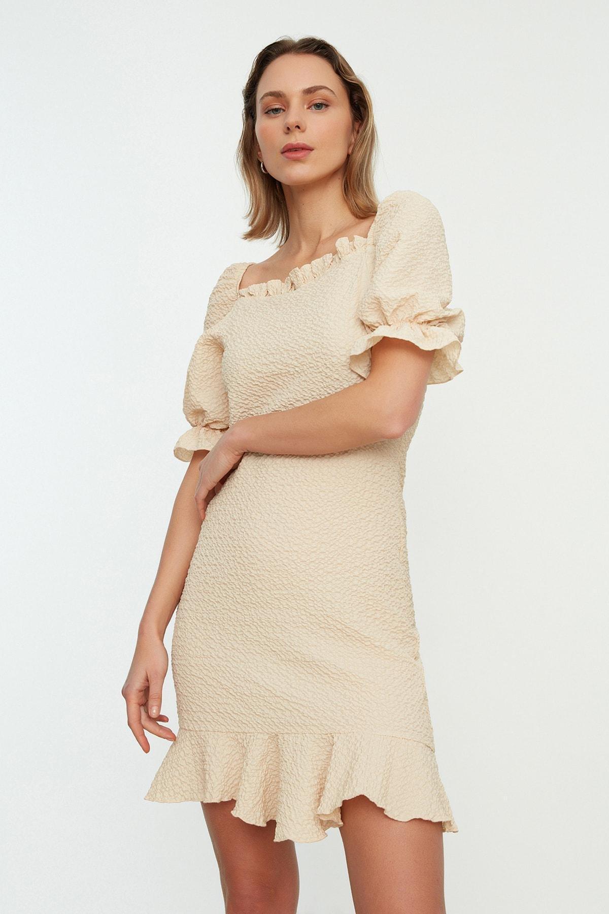 Beige Balloon Sleeve Bodycon Dress, , large image number 1