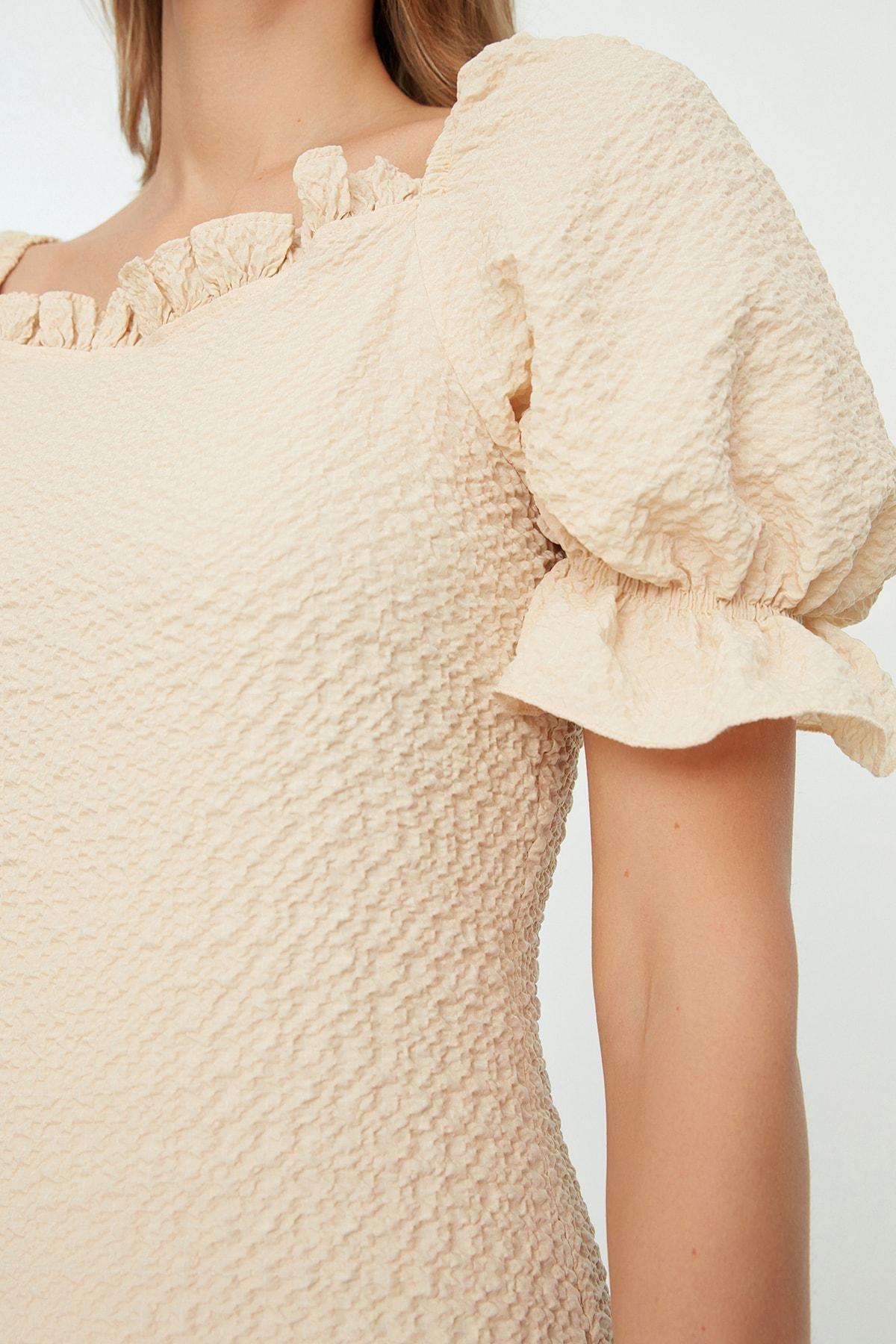 Beige Balloon Sleeve Bodycon Dress, , large image number 3