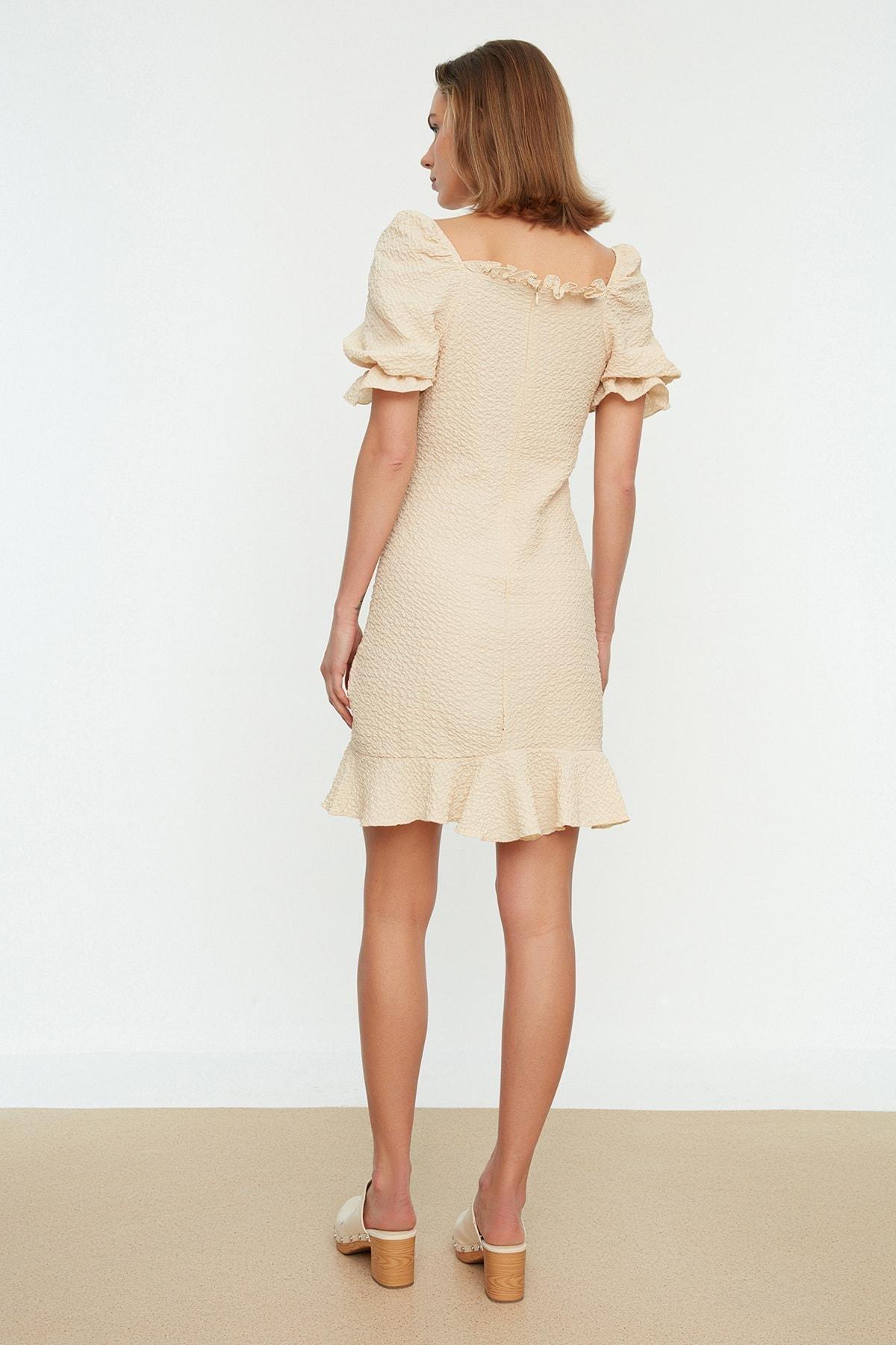 Beige Balloon Sleeve Bodycon Dress, , large image number 4