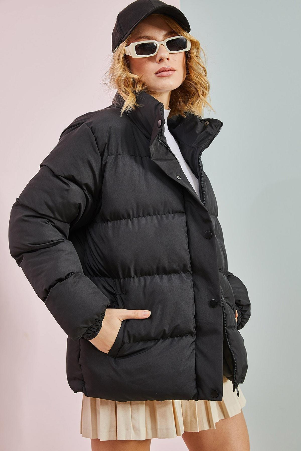 Black Front Pop Collar Puffer Coat, BLACK, medium