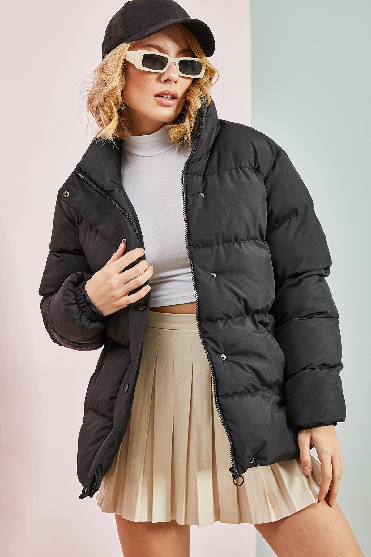 Black Front Pop Collar Puffer Coat, , large image number 1
