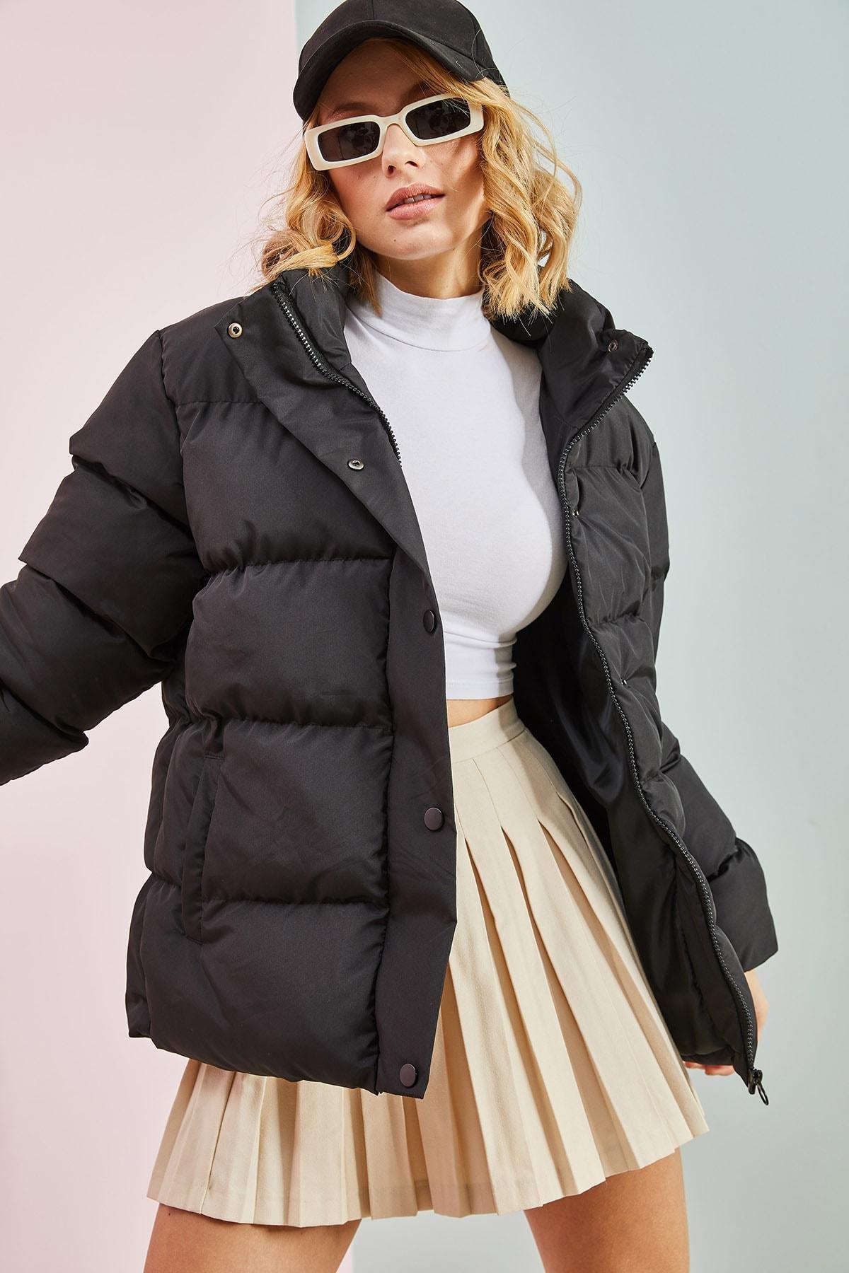 Black Front Pop Collar Puffer Coat, BLACK, large image number 3