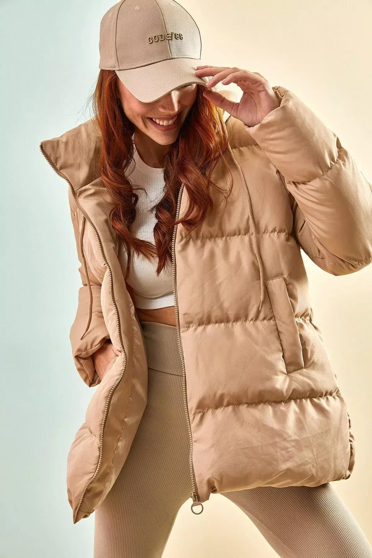 Beige Long Puffer Hooded Jacket, , large image number 1