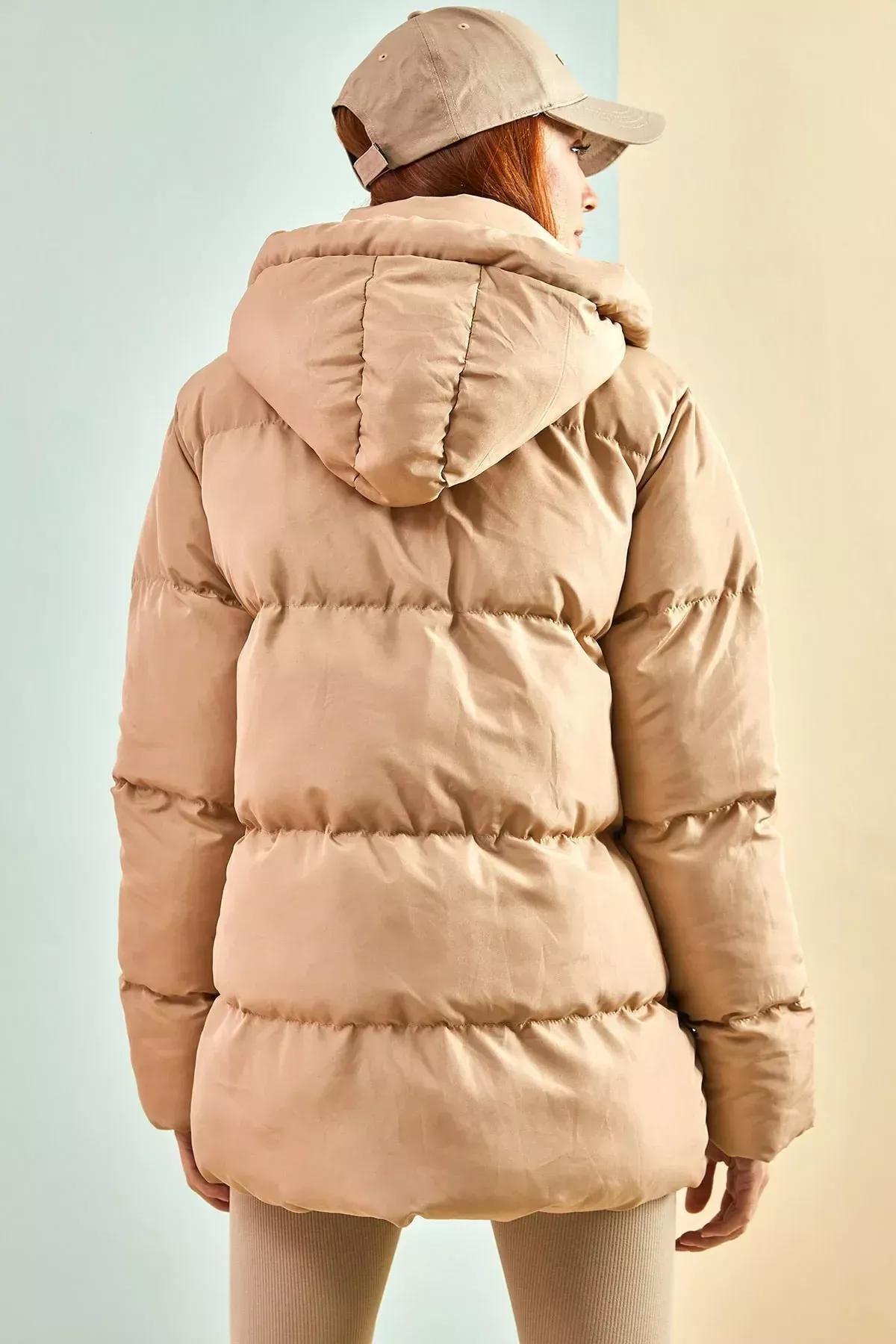 Beige Long Puffer Hooded Jacket, , large image number 2