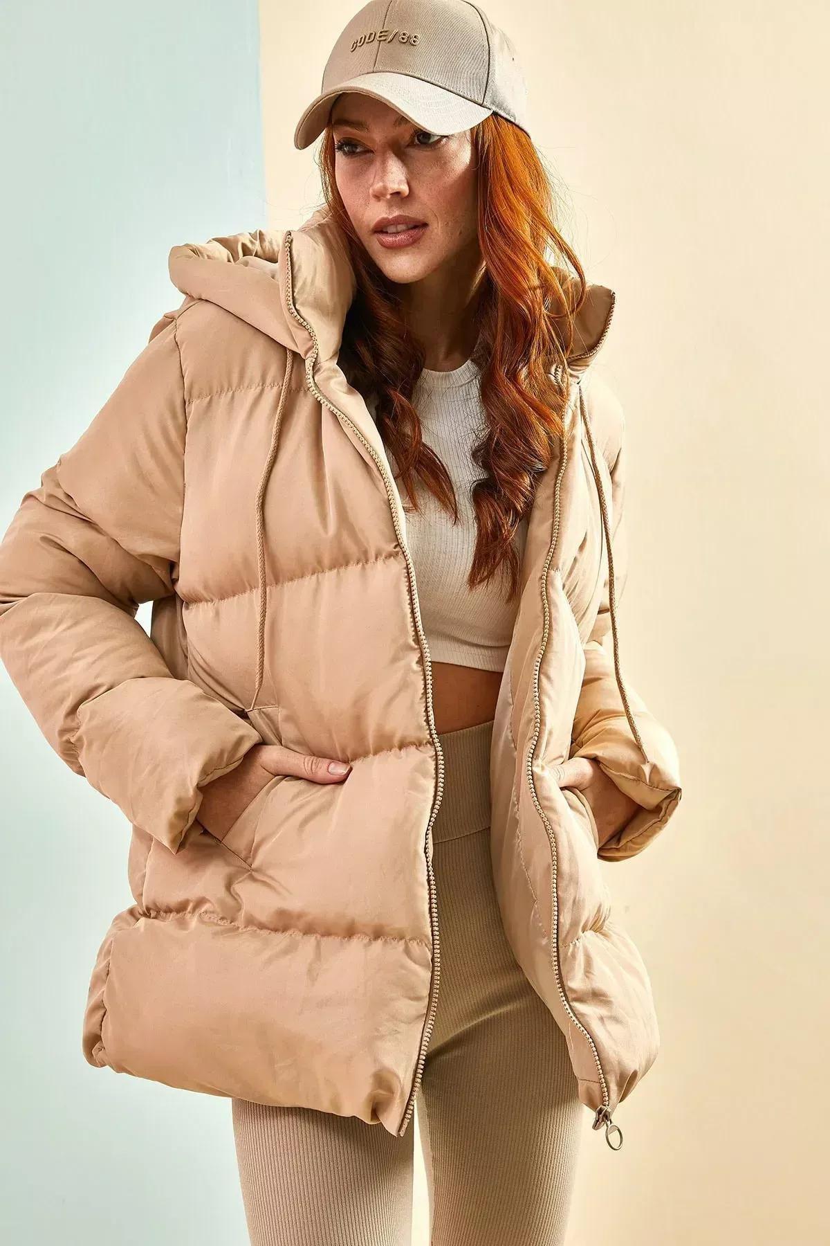 Beige Long Puffer Hooded Jacket, CAMEL, large image number 3