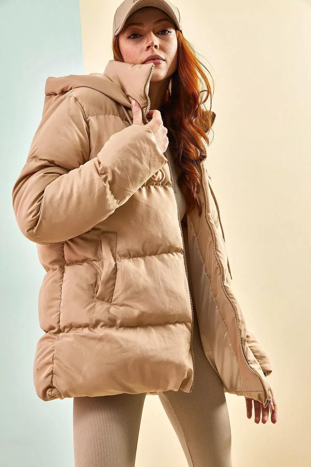 Beige Long Puffer Hooded Jacket, CAMEL, large image number 5
