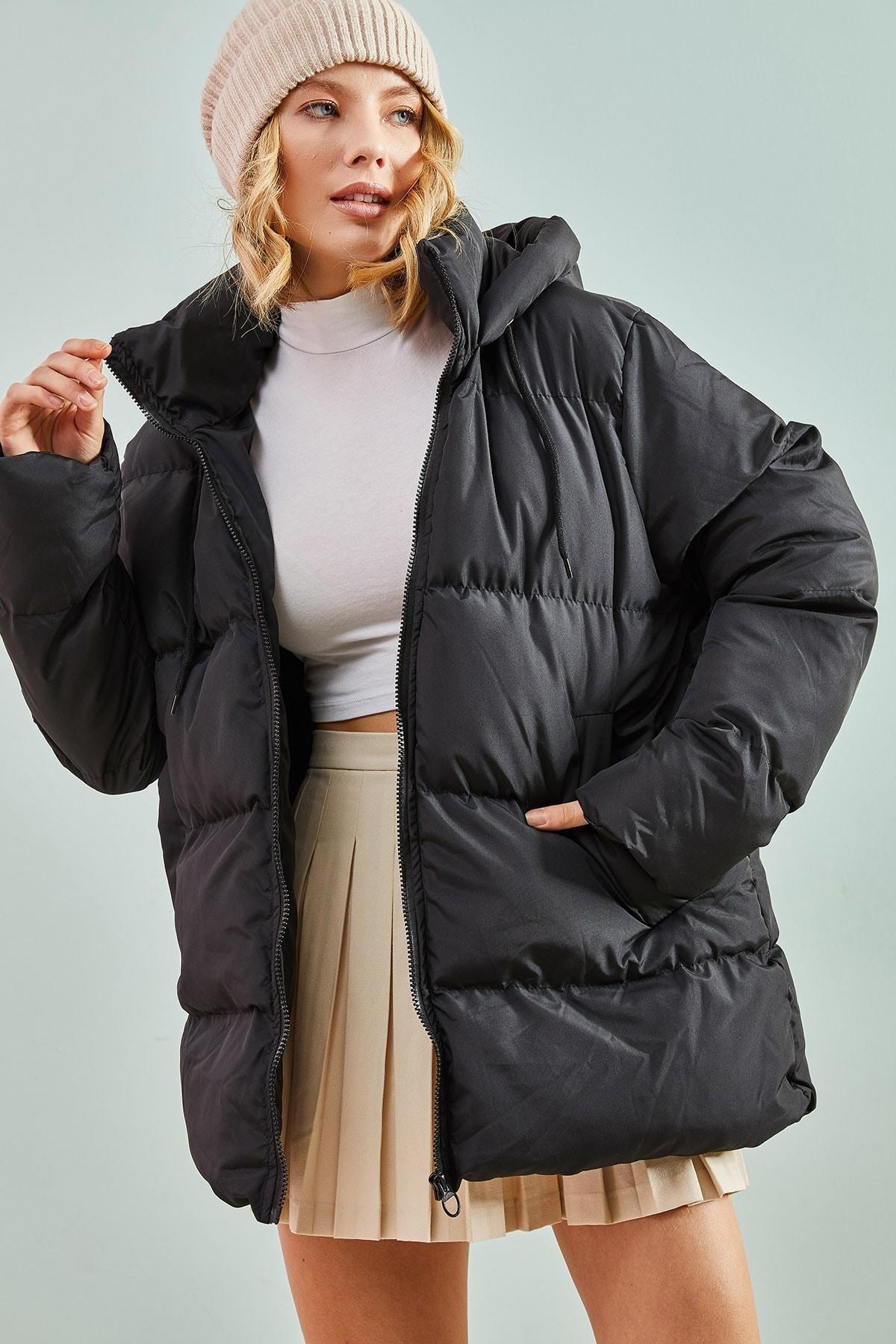 Black Hooded Long Puffer Coat, , large image number 0