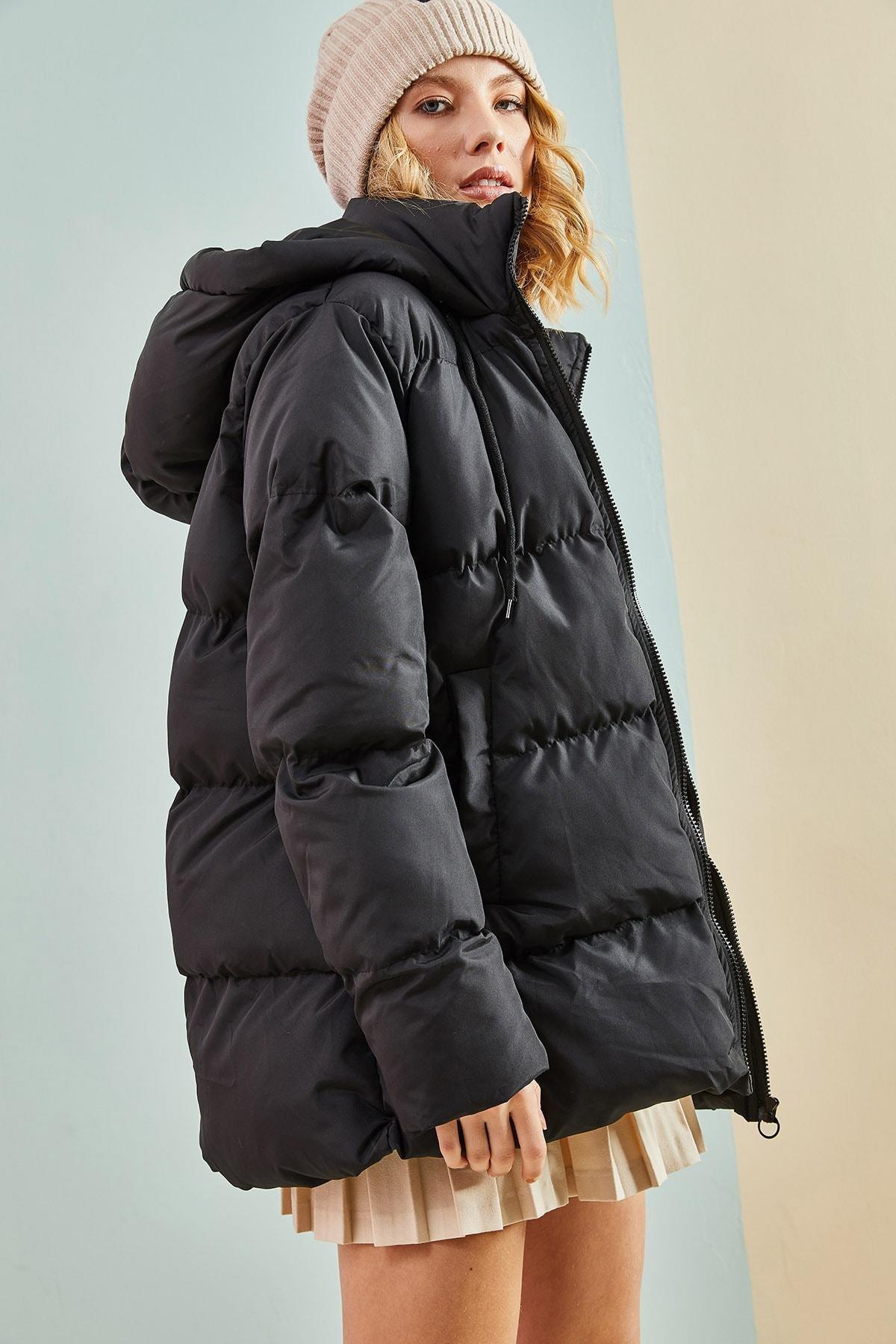Black Hooded Long Puffer Coat, , large image number 1