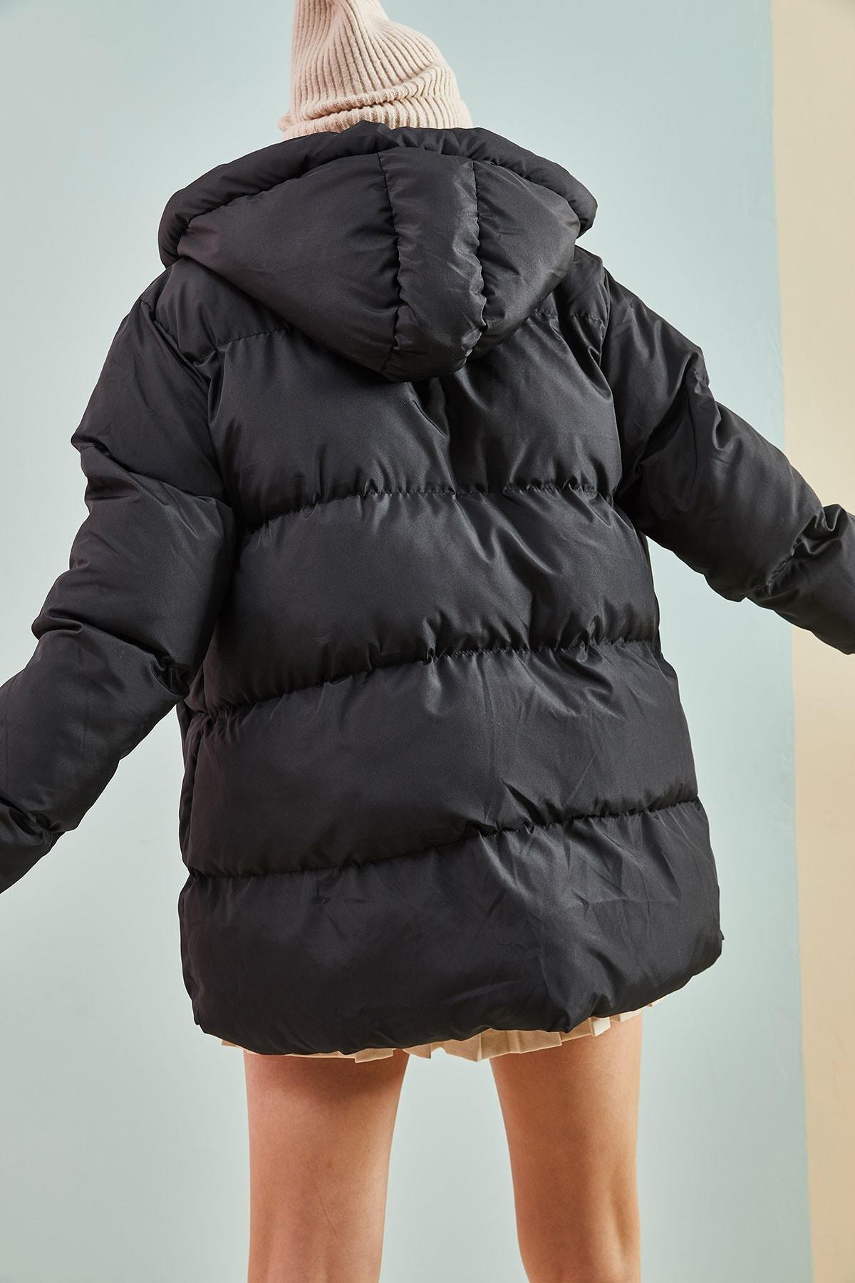 Black Hooded Long Puffer Coat, , large image number 2