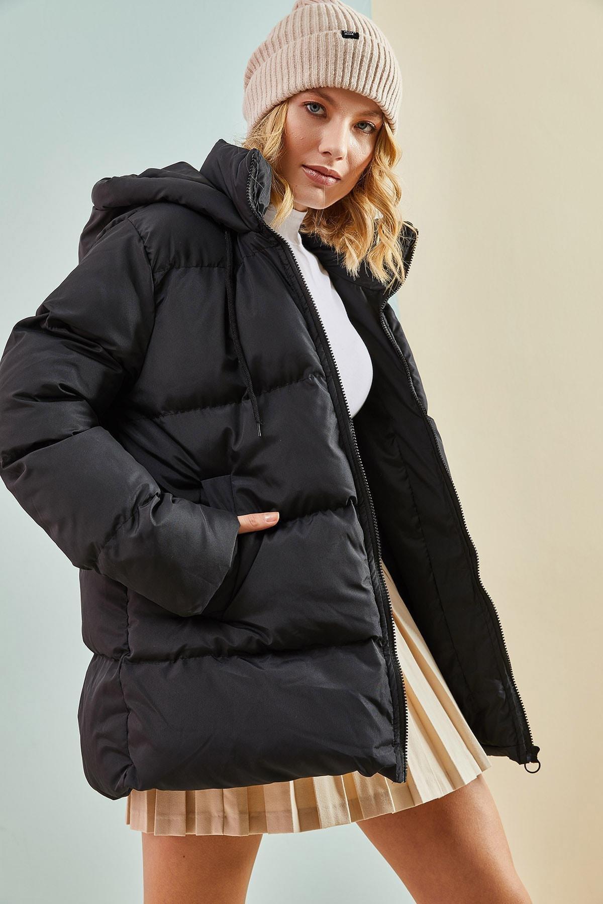 Black Hooded Long Puffer Coat, BLACK, large image number 3