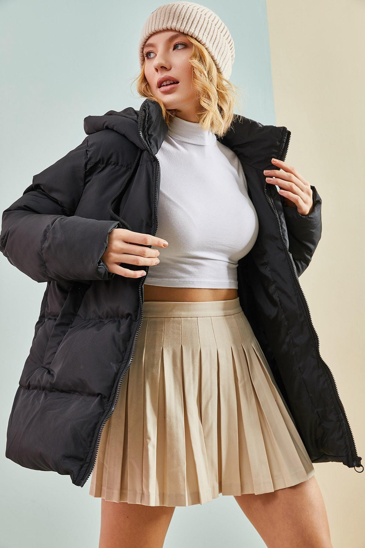 Black Hooded Long Puffer Coat, BLACK, large image number 4