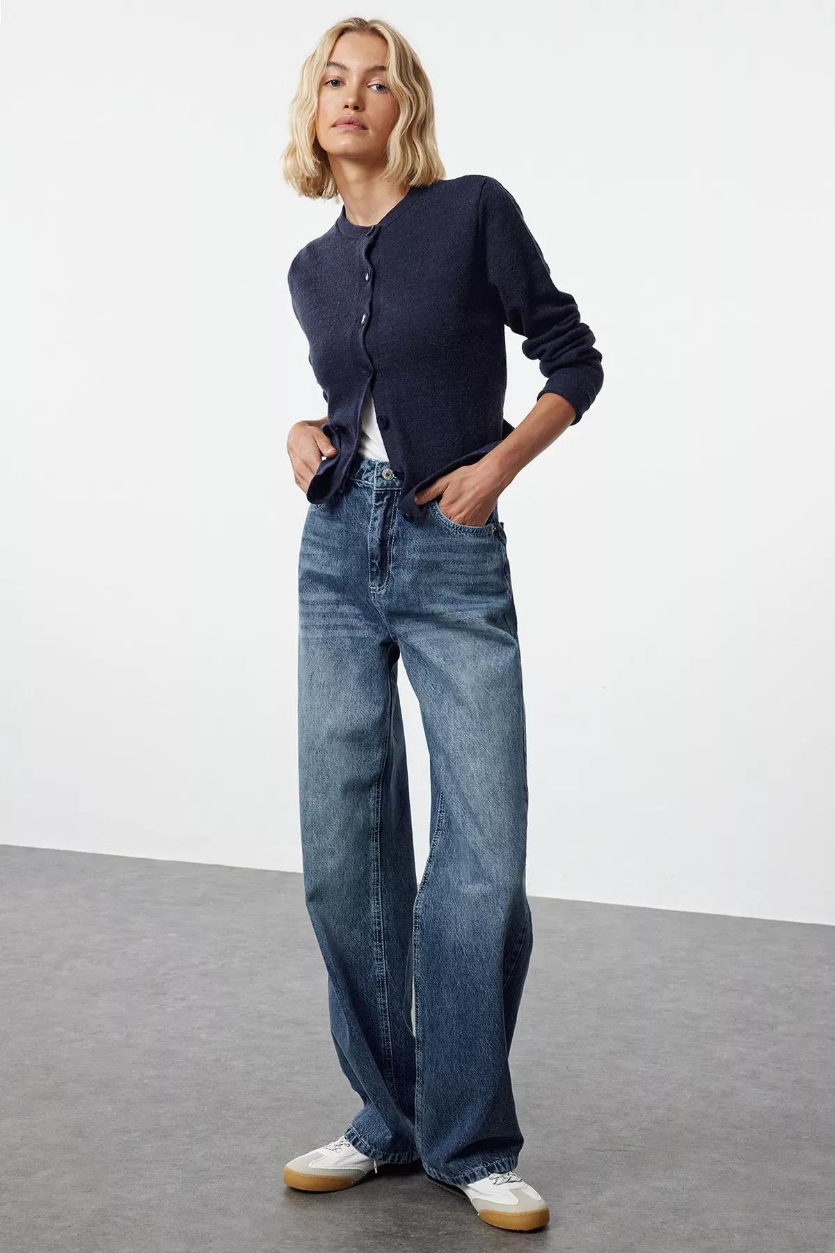 Navy High-Waist Wide Leg Jeans, Navy blue, medium