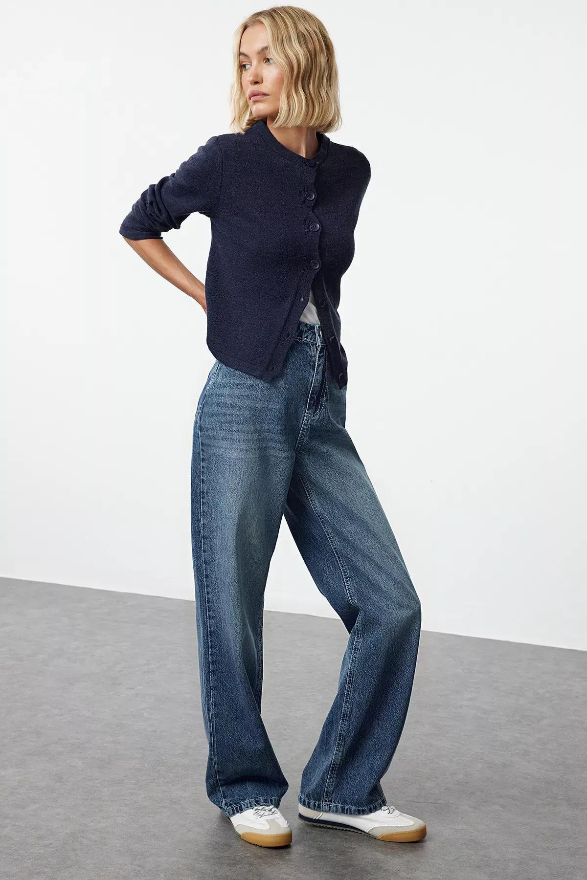 Navy High-Waist Wide Leg Jeans, Navy blue, medium