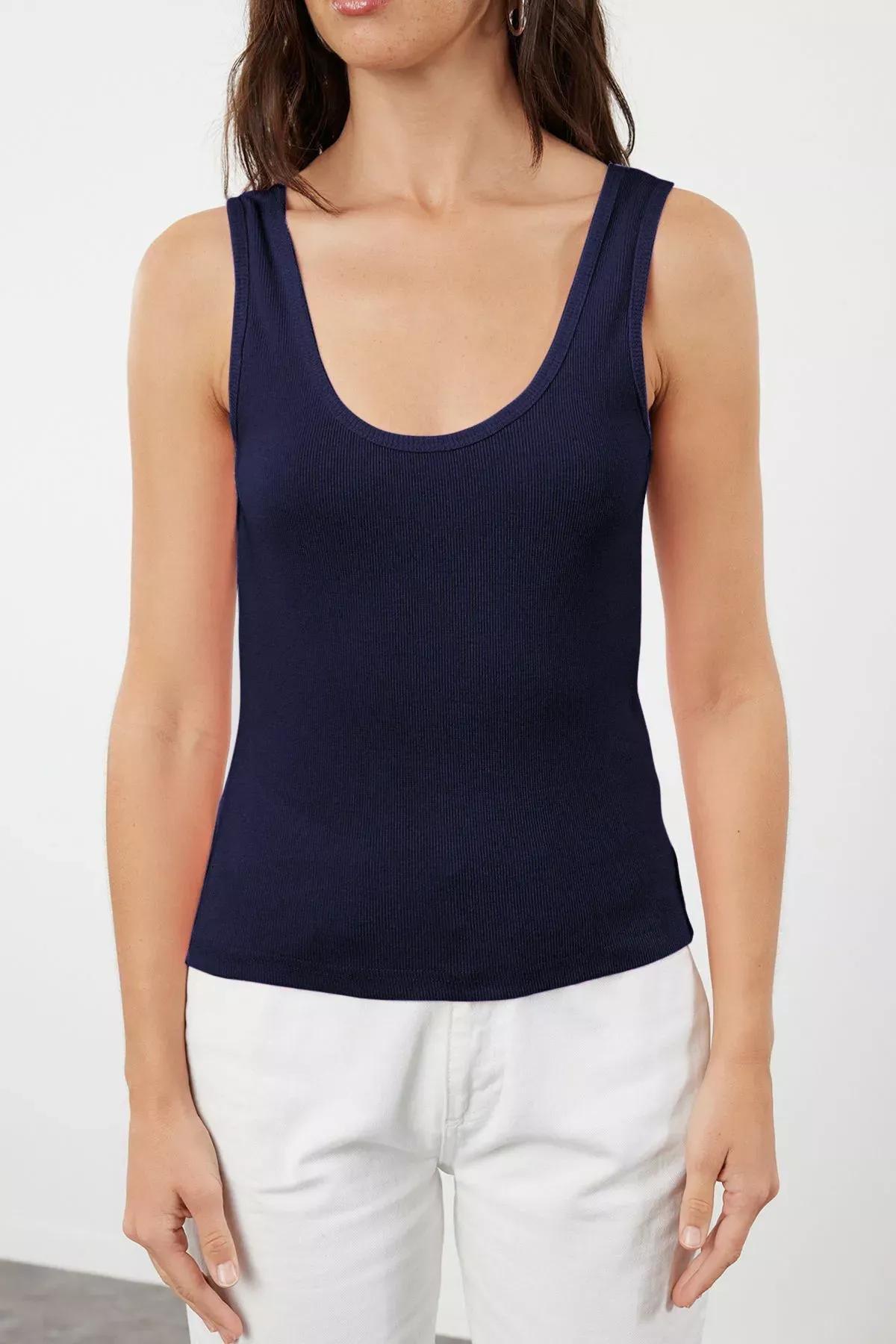 Blue Pool Collar Elastic Tank Top, Navy blue, medium