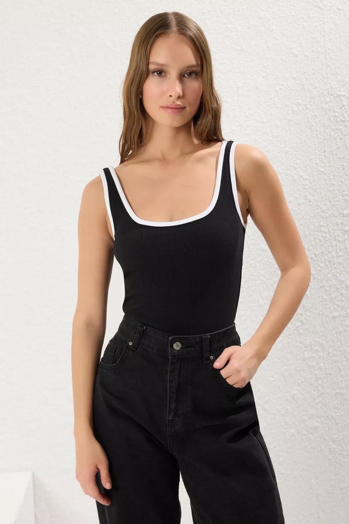 Black Color Block Fitted Tank Top, Black-1001, medium