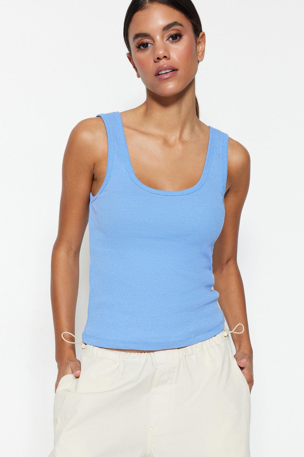 Blue Scoop Neck Fitted Tank Top, , medium