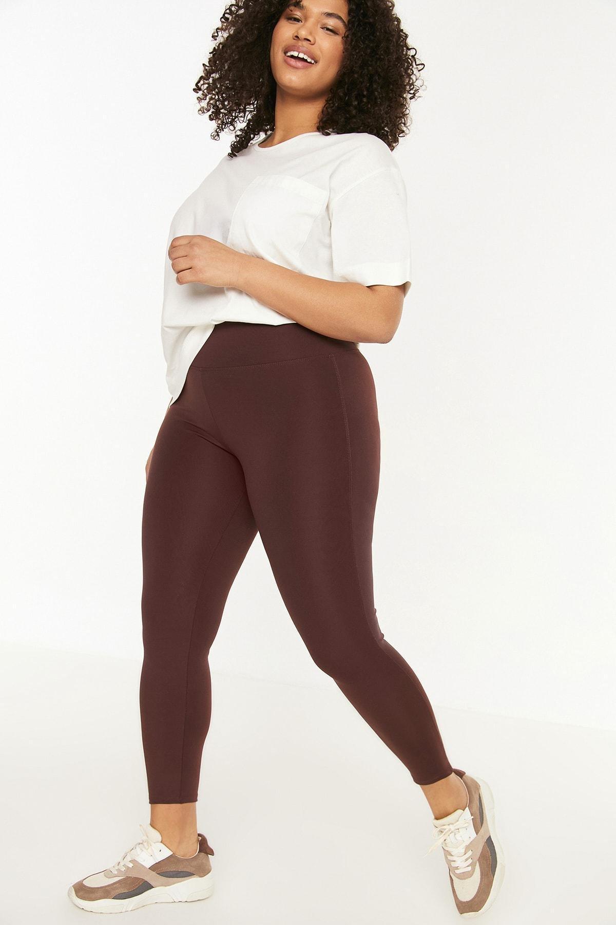 Brown High Waist Plus Size Leggings, , large image number 1