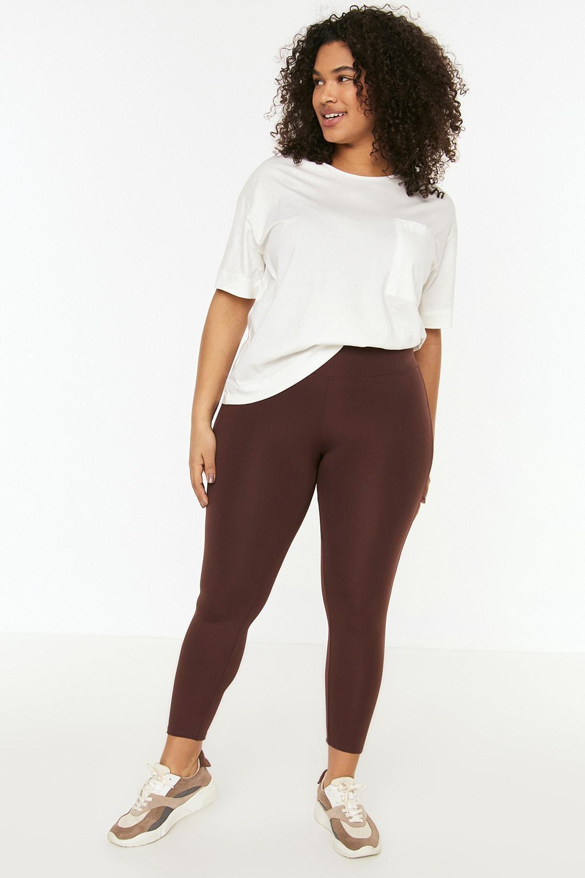 Brown High Waist Plus Size Leggings, , large image number 2