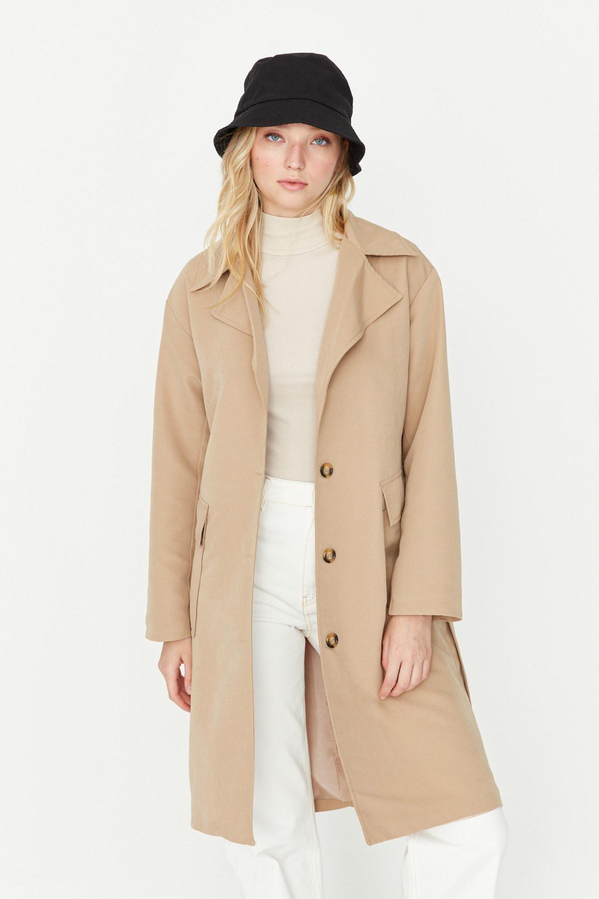 Trendyol - Beige Double Breasted Trench Coat