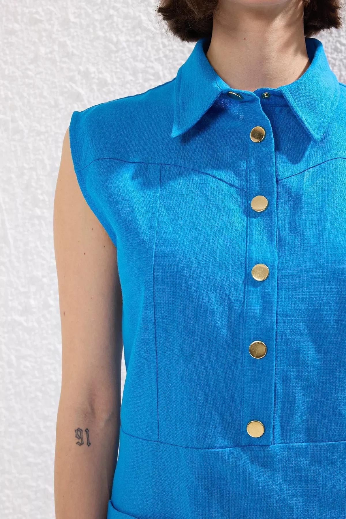 Blue Straight Cut Shirt Linen Dress, , large image number 2