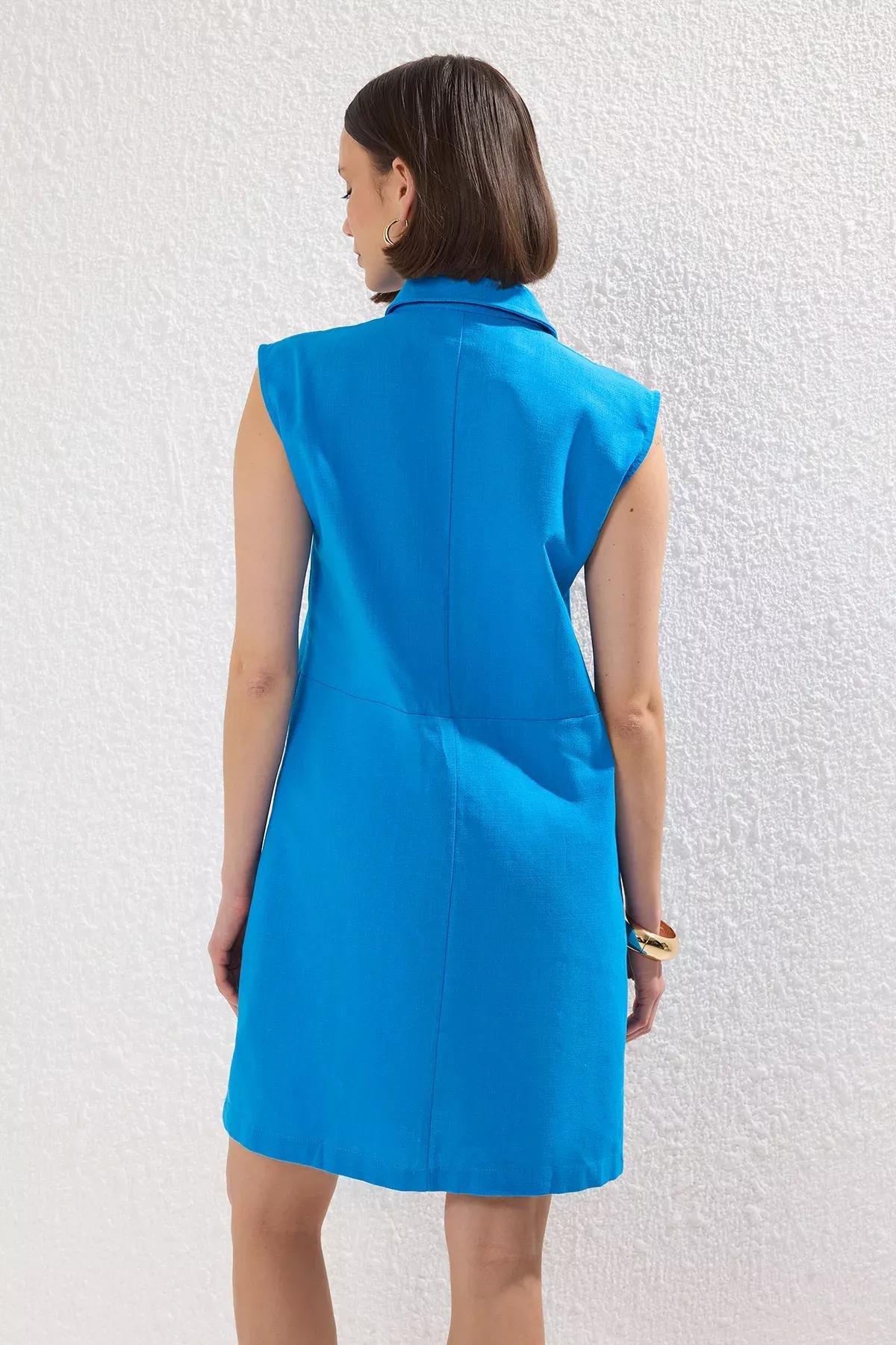 Blue Straight Cut Shirt Linen Dress, , large image number 3