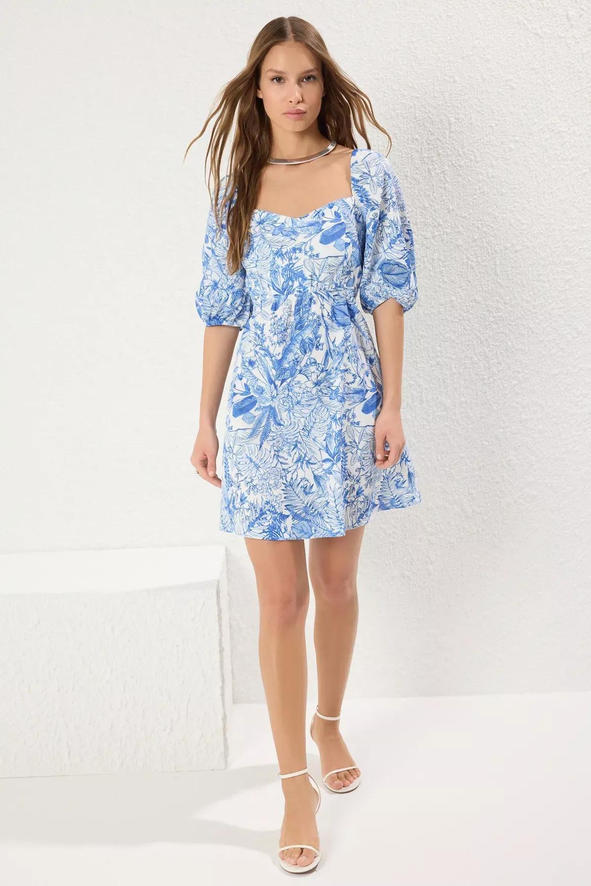 Blue Floral Drop Back Mini Dress, , large image number 1