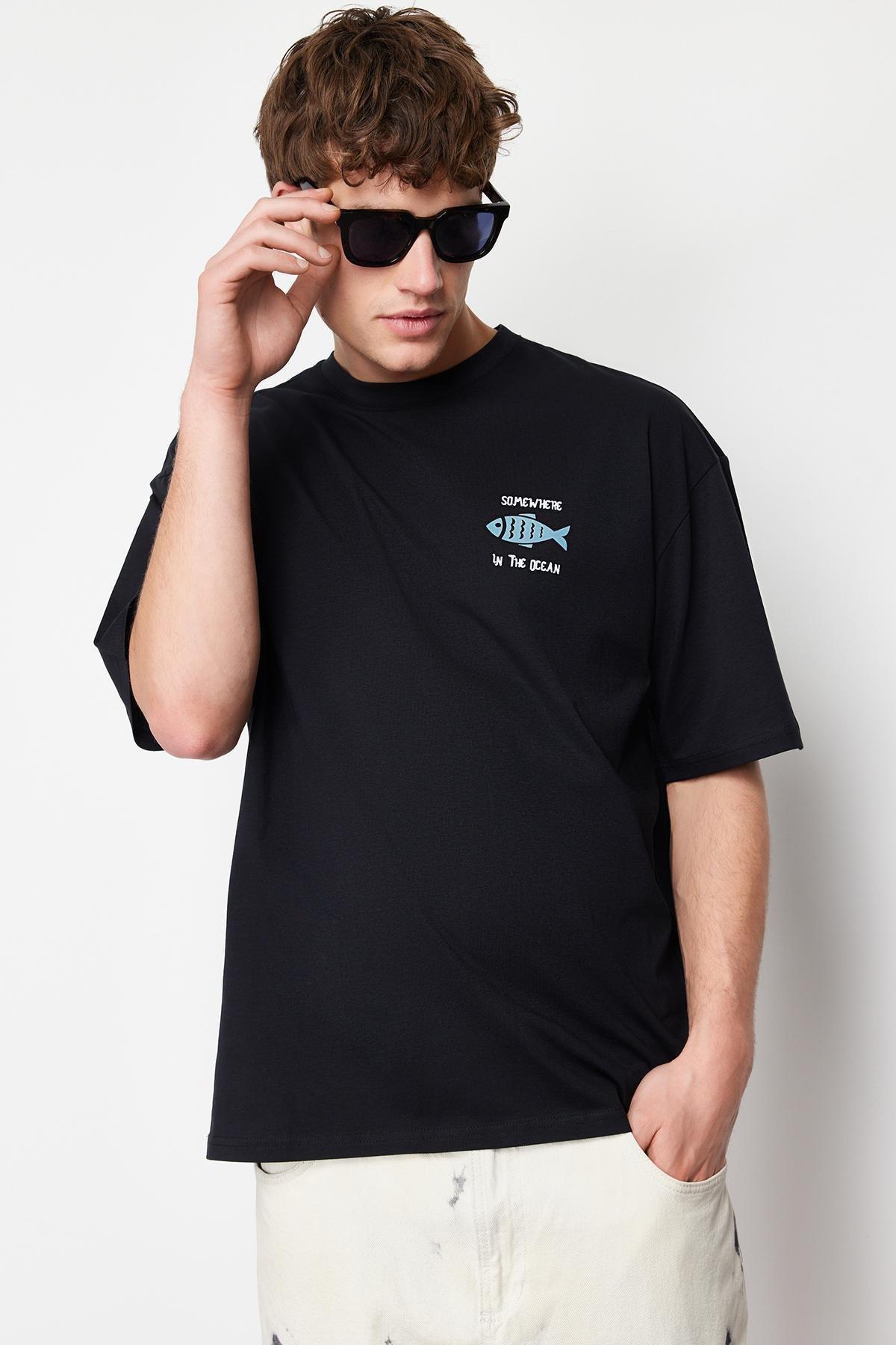 Black Oversized Cotton T-Shirt, , large image number 1